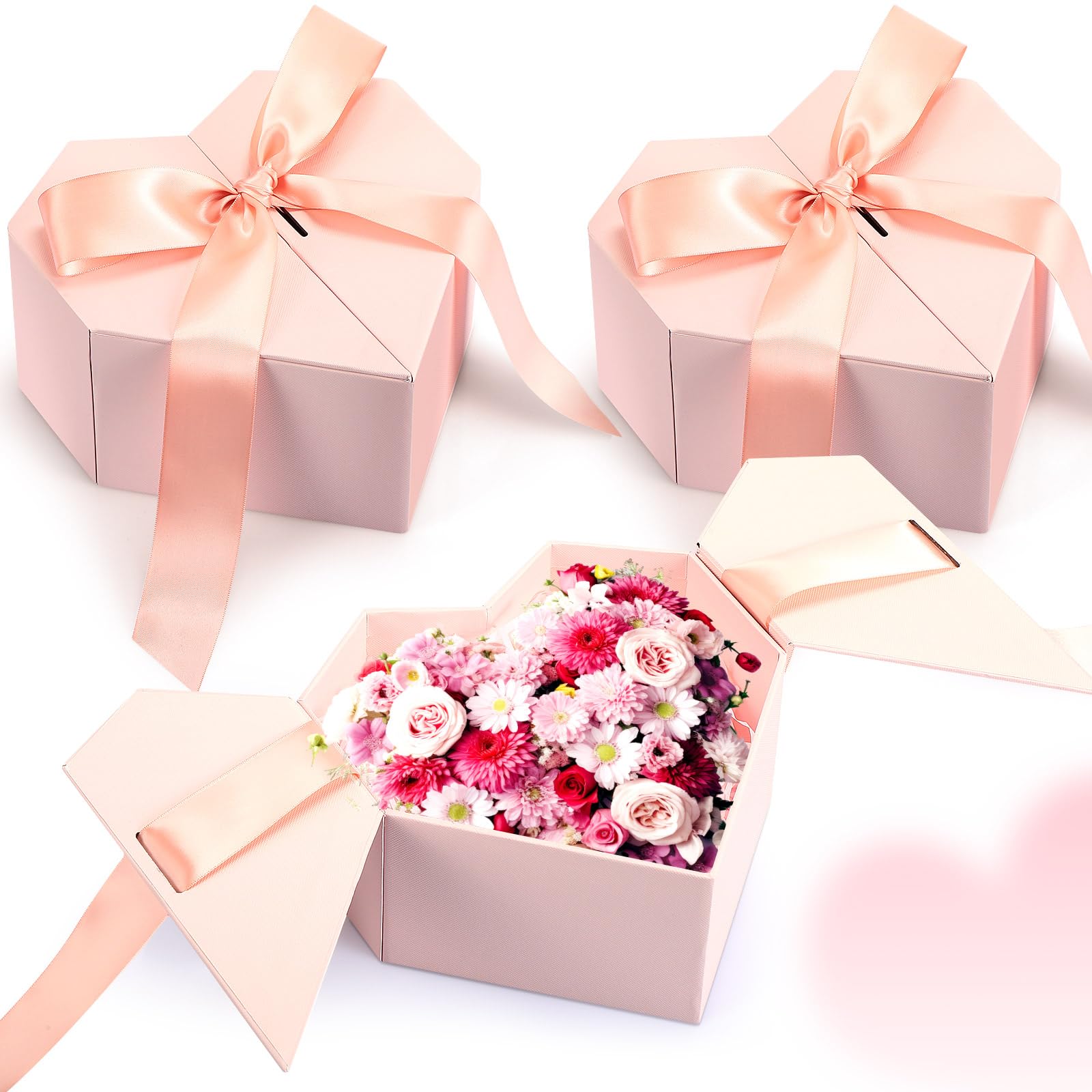 Photo 1 of 3 Pcs Large Valentine's Day Box Heart Shaped Flower Boxes for Arrangements Pink Gift Box with Raffia and Ribbon Pink Heart Floral Gift Box Present Wrap Boxes for Party Wedding Arrangement Supplies