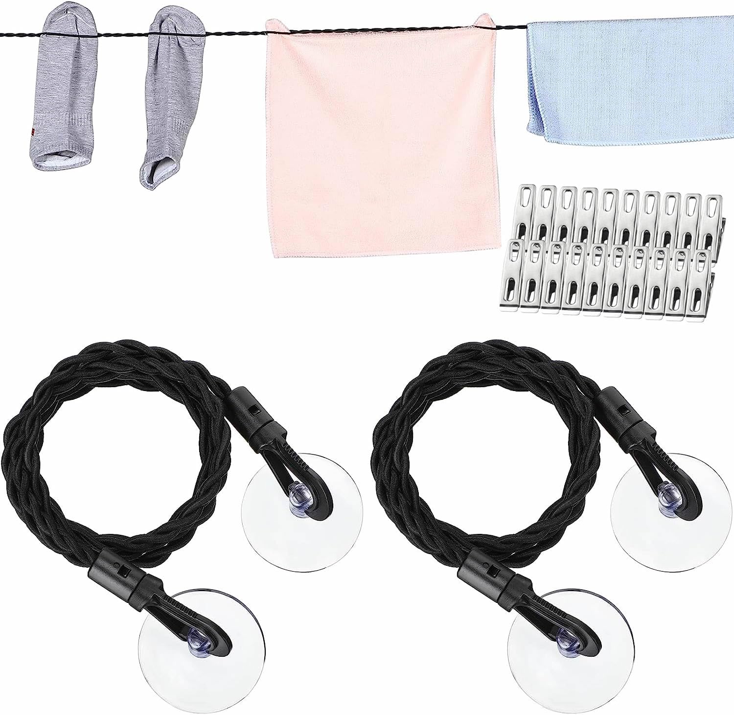 2 Pieces Travel Clothesline Portable Retractable Clothesline with Hooks and Suction Cups Camping Accessories Cruise Essentials for Outdoor and Indoor Use (Black) with 20Pcs Clothes Clips