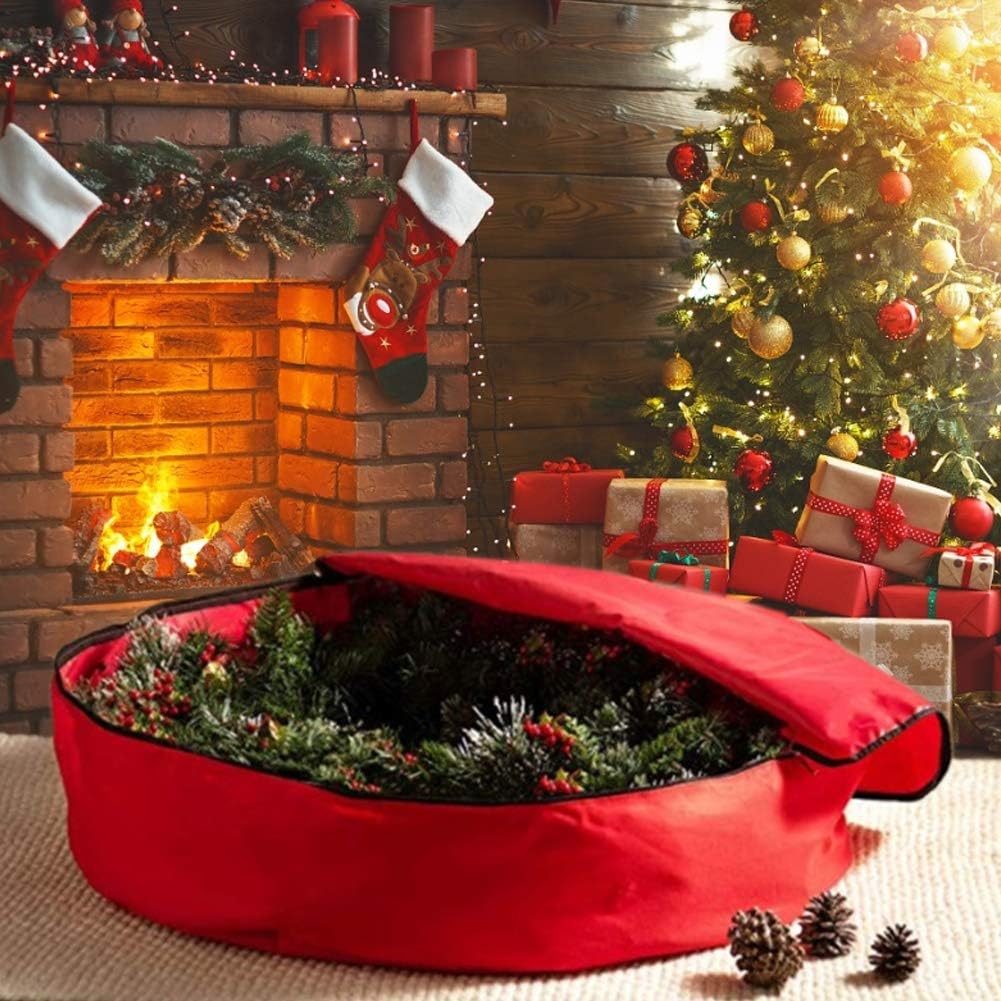 Red Christmas Storage for Wreath and Garland, 600D Oxford Cloth, Durably and to Carry with Handle, Ideal for Holiday Decor Organization, 36x8in Size