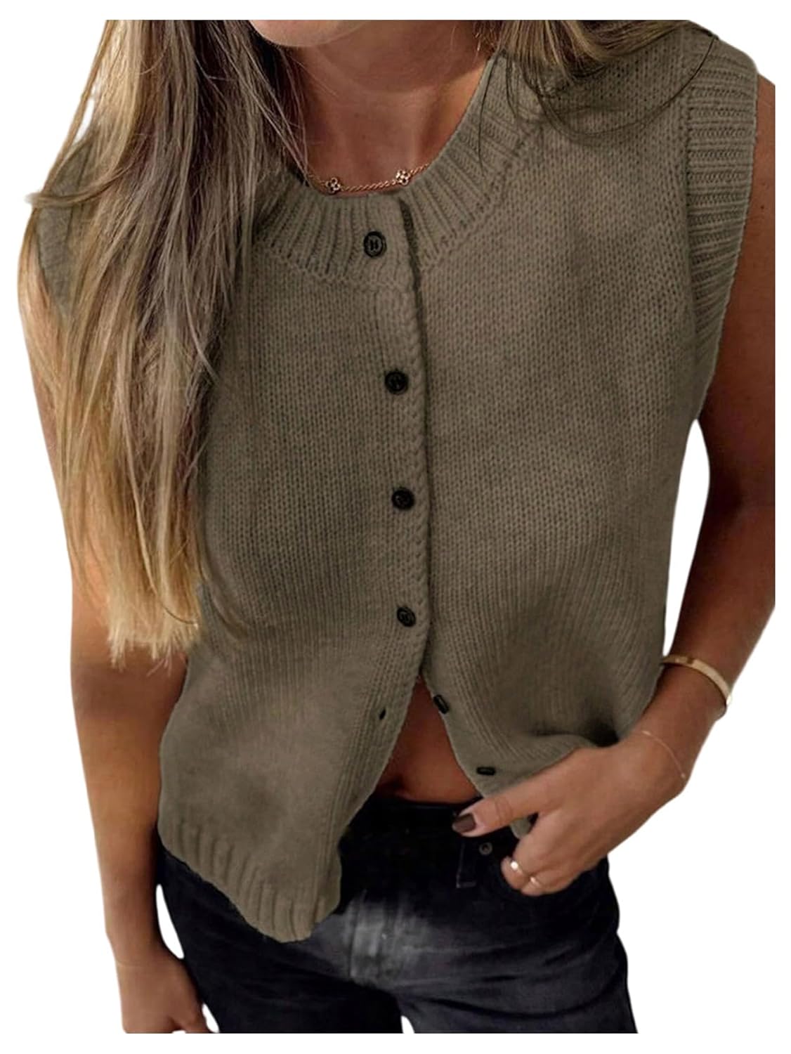 GORGLITTER Womens Button Up Sweater Vest Crewneck Sleeveless Knit Sweater Tank Top