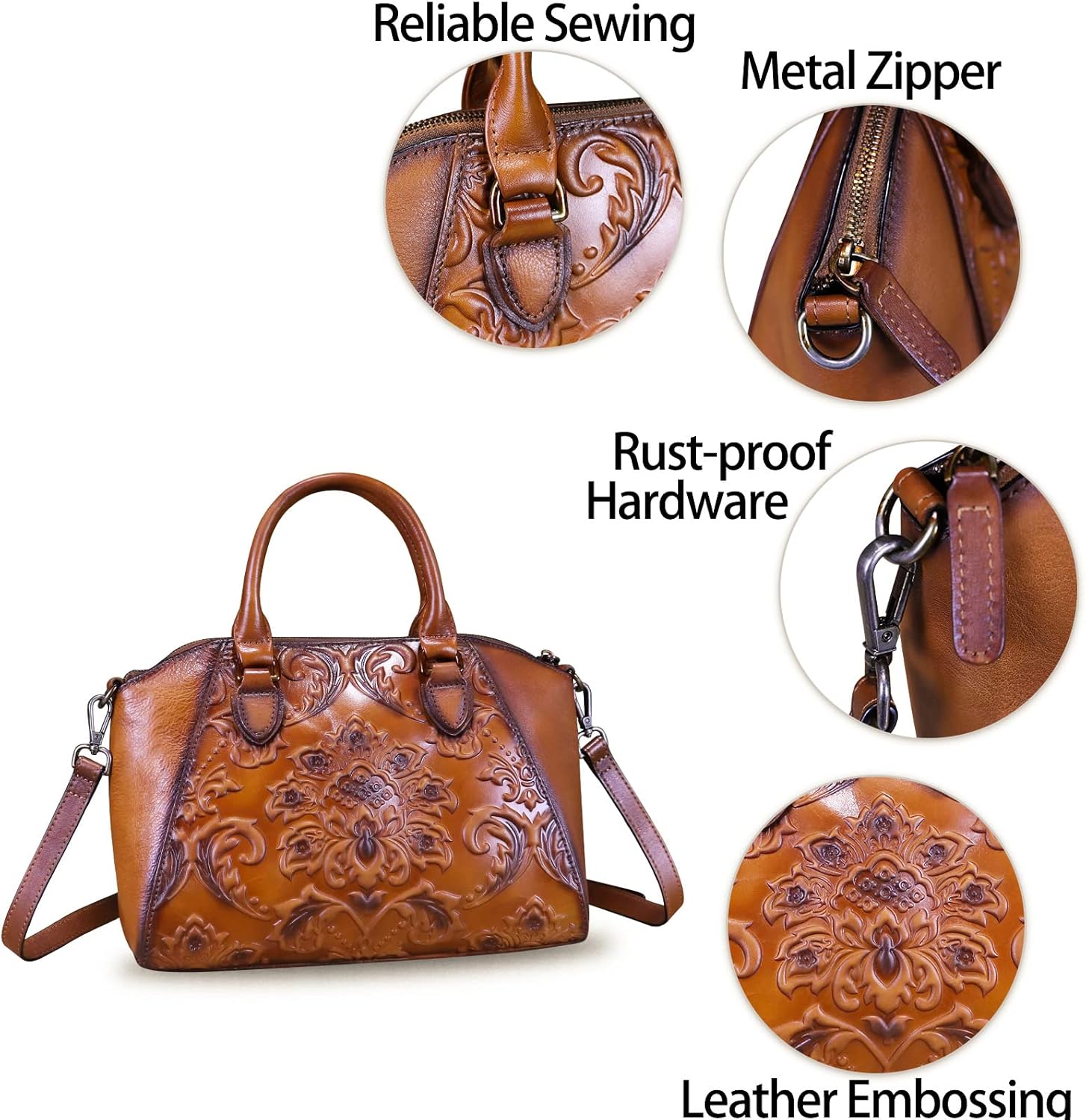 Genuine Leather Purses and Handbags for Women Vintage Embossed Leather Top Handle Bag Satchel Crossbody Shoulder Bag Strap - Image 7