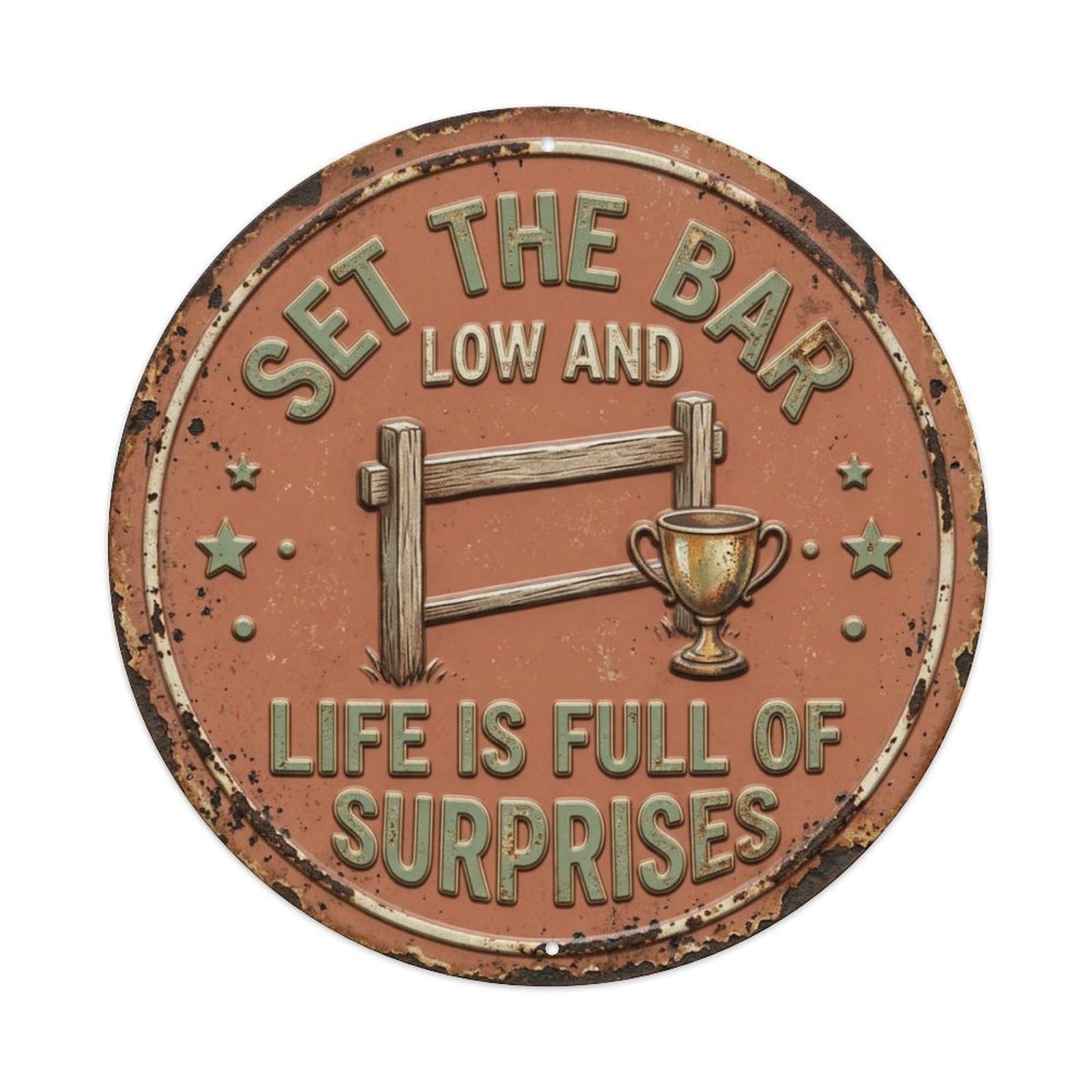 Low Bar Surprise Kitchen Metal Tin Sign Plaque Wall Decor for Cafe, Club Bar, Office, Home Garden Round Metal Poster 8x8Inch