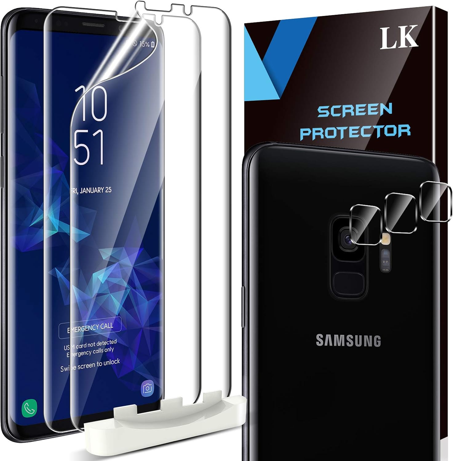 5 Pack LK 2 Pack Screen Protector + 3 Pack Camera Lens Protector Compatible with Samsung Galaxy S9, Positioning Tool, HD Ultra-Thin, Flexible TPU Film