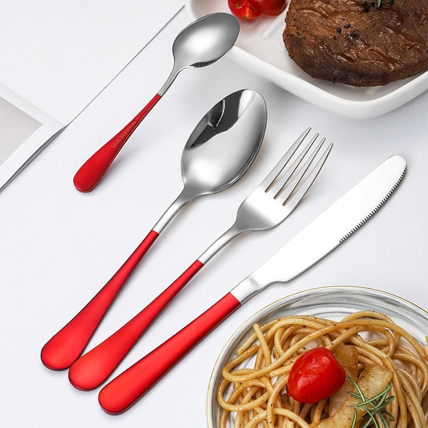 24 Pieces Flatware Set, Caliamary Stainless Steel Flatware Set with Silverware Holder Spoons Forks Knives,Utensils Set Service for 6,Gold Mirror Polished and Matte Pink Painted (Red Silver)