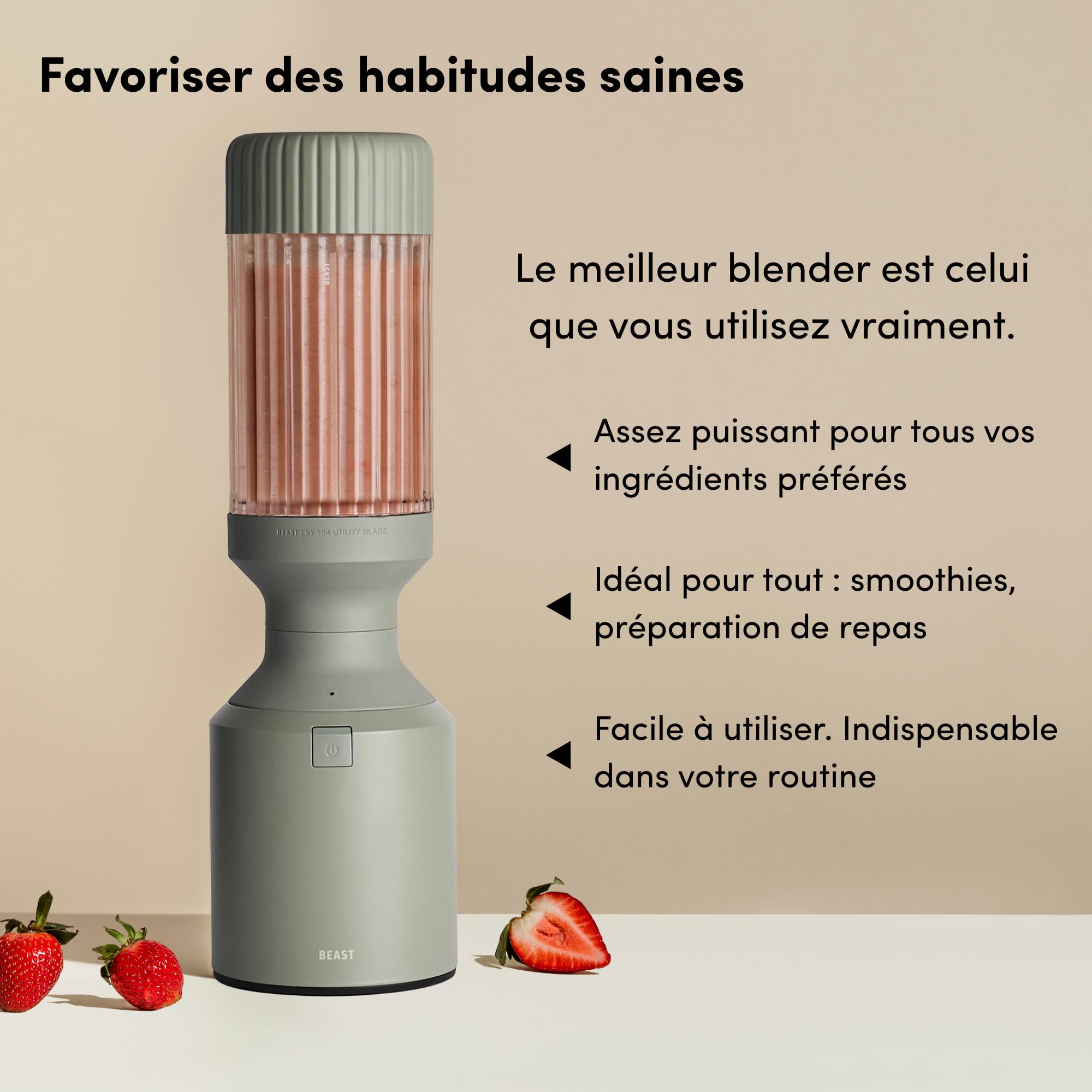 BEAST Blender smoothie 1200W - Mixeur haute performance avec 3 bouteilles portables en Tritan - 1200 ml - Couvercles et lames en acier inoxydable - Smoothie maker pour milkshakes et sauces - Sauge