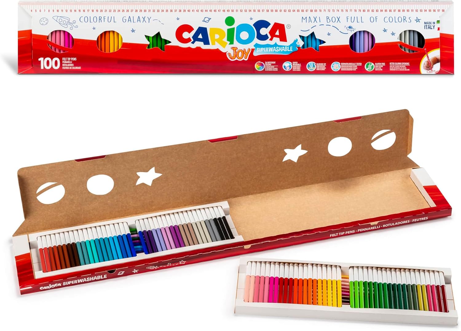 CARIOCA Joy Paperboard Wallet Marker Pens Set of Coloured Pens for Kids with Fine Tip, Ideal for Drawing and Coloring, Super Washable, Assorted Colours, 100 Pieces