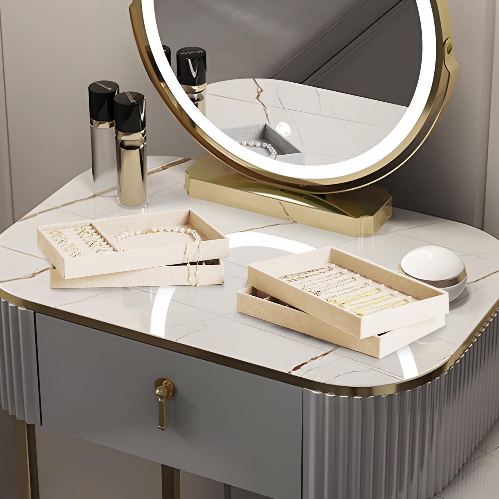 EXLECO 4 Grande Organizador Joyas Cajones, Organizador de Joyería de Terciopelo, Apilables Bandejas Joyería, Organizador Joyas Extraíbles Organizador para Pendientes Anillos Pulseras Collares Beige