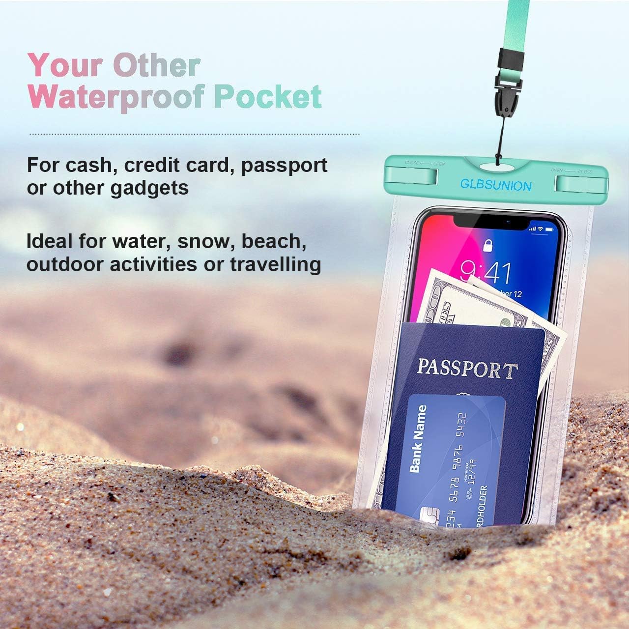 GLBSUNION Universal Waterproof Phone Case, Dry Bag Water Proof Cell Phone Pouch Protective Pouch for Travel Kayaking Beach Diving Pool Compatible for iPhone 14 13 12 11 Pro Xs Galaxy S22 up to 8"