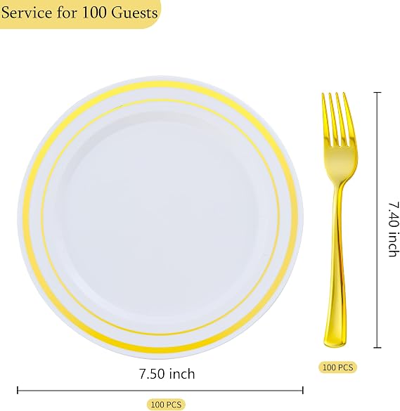 200pcs Gold Dessert Plates with Forks for 100 Guests-100pcs 7.5 Small Plastic Dessert Plates and 100pcs 7.4 Forks-Disposable Cake/Appetizer/Salad Plate for Wedding/Birthday/Party