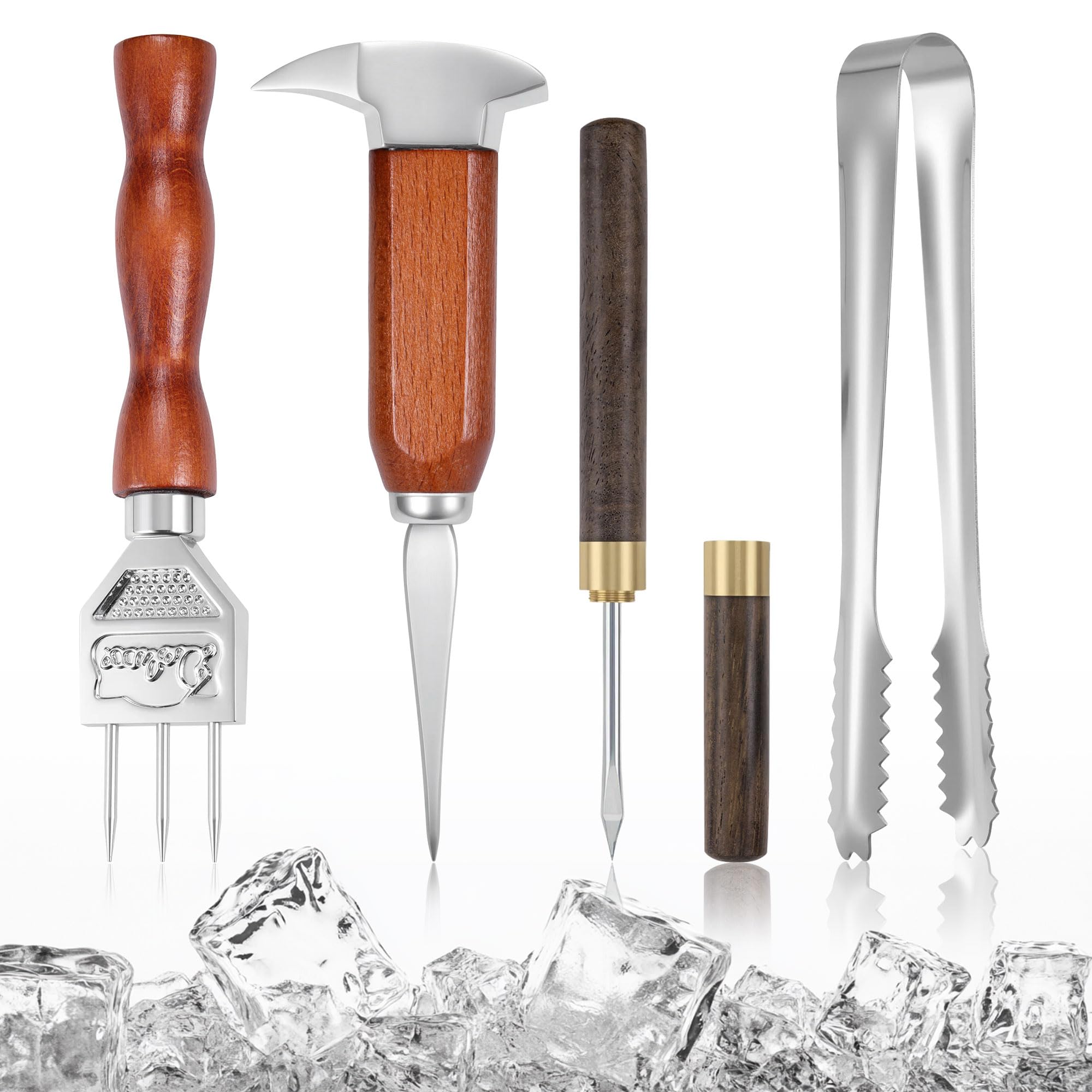 Juego de 4 palillos de hielo, trituradora de hielo de acero inoxidable con mango de madera, kit de barman trituradora de hielo con pinzas, ideal para bares, cocina y arte de tallado