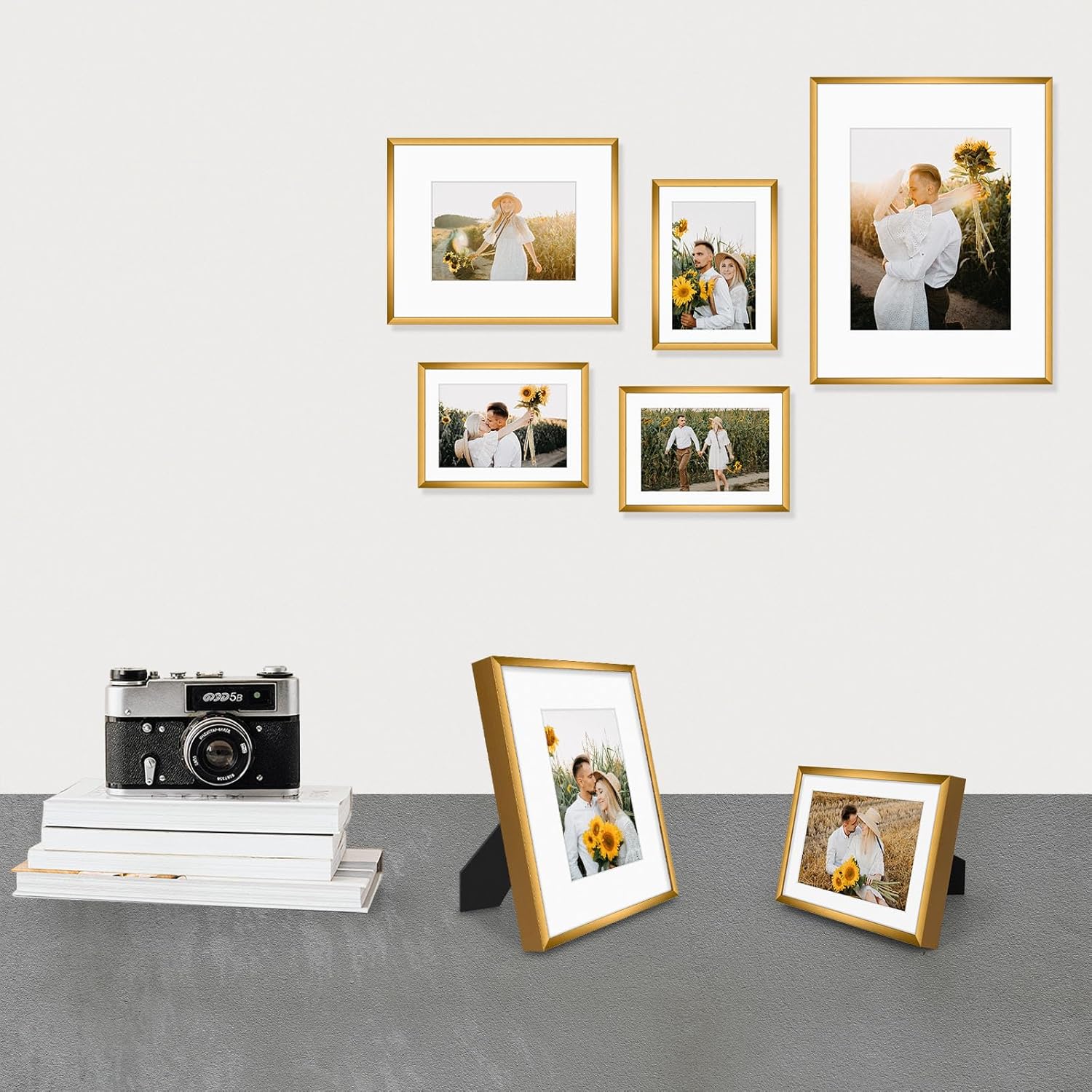 Golden State Art, Aluminum Gallery Wall Frame Set of 7 - Includes One 11x14, Two 8x10, and Four 5x7 - Metal Frames with Mat & Real Glass Cover for Elegant Home or Office Decor (Style 2, Bronze)