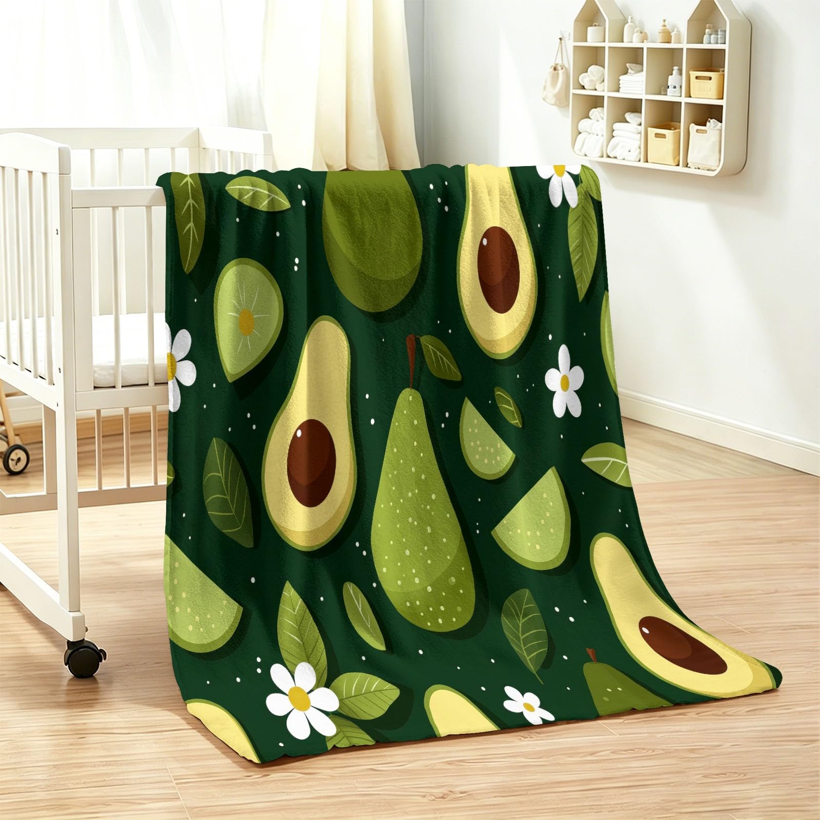 Manta de 180 x 220 cm, diseño de flores y aguacates con hojas impresas, manta de forro polar de franela cálida y mullida, bonita manta dibujada a mano para sofá, cama, viajes, camping
