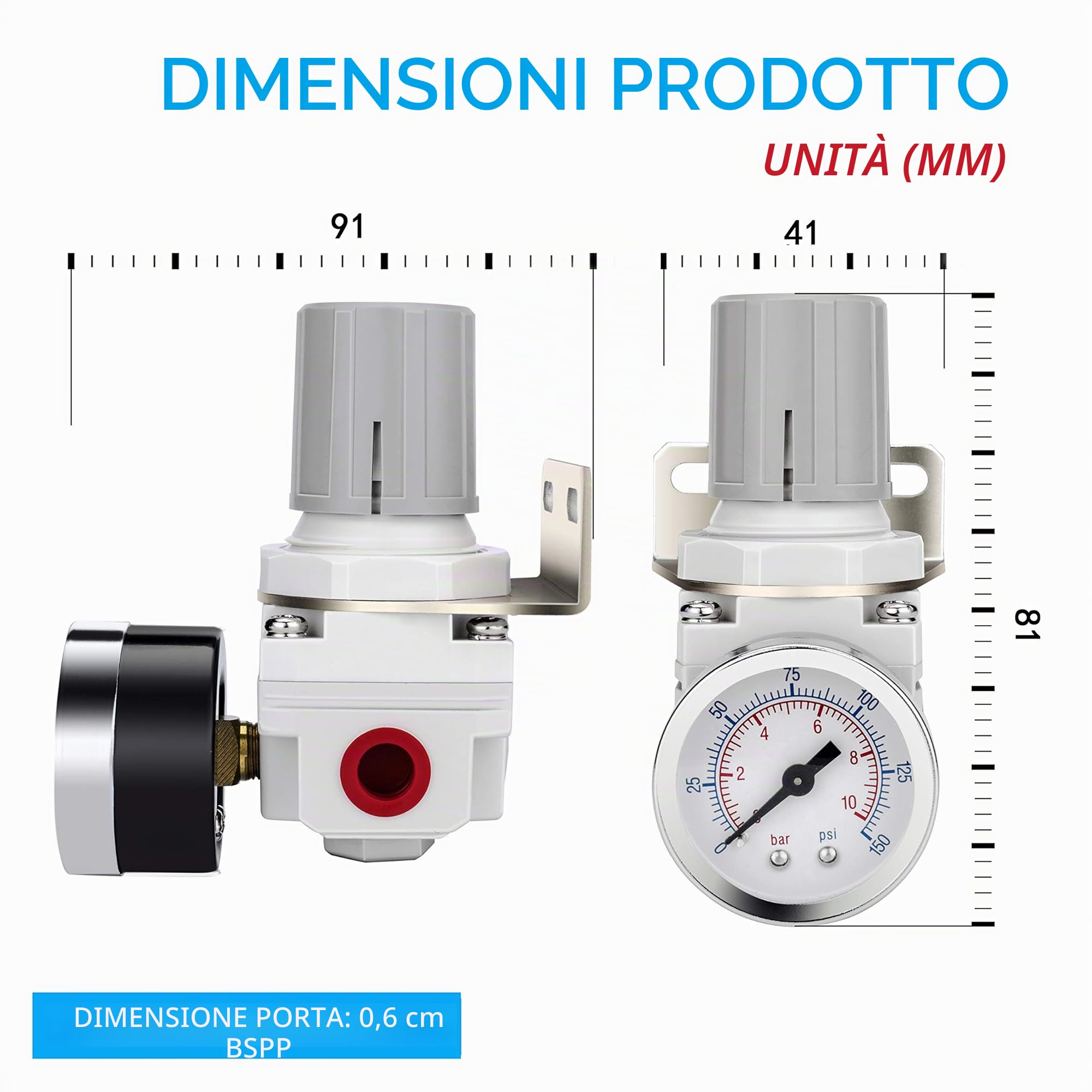 NANPU 1/4" BSPP Regolatore d'Aria Compressa - Manometro (0-10 bar), Staffa Metallica, per Compressore d'Aria, Utensili Pneumatici