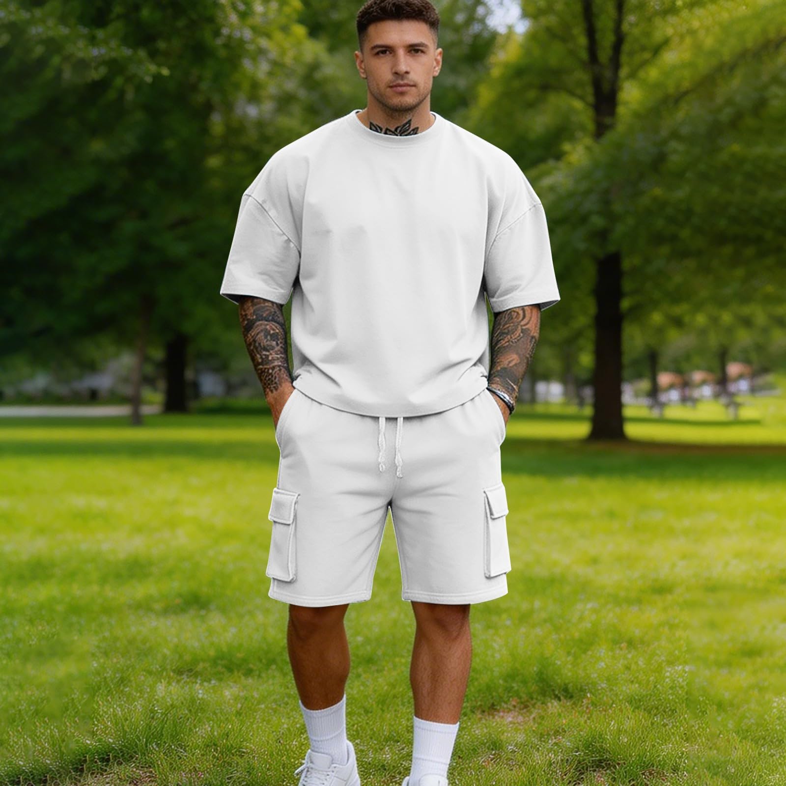 Generico Tuta Uomo Estiva Completo Uomo Casual 2 Pezzi, Maglietta a Maniche Corte e Pantaloncini Cargo, Outfit Uomo Estate Comodo per Viaggi, Passeggiate e Quotidiano