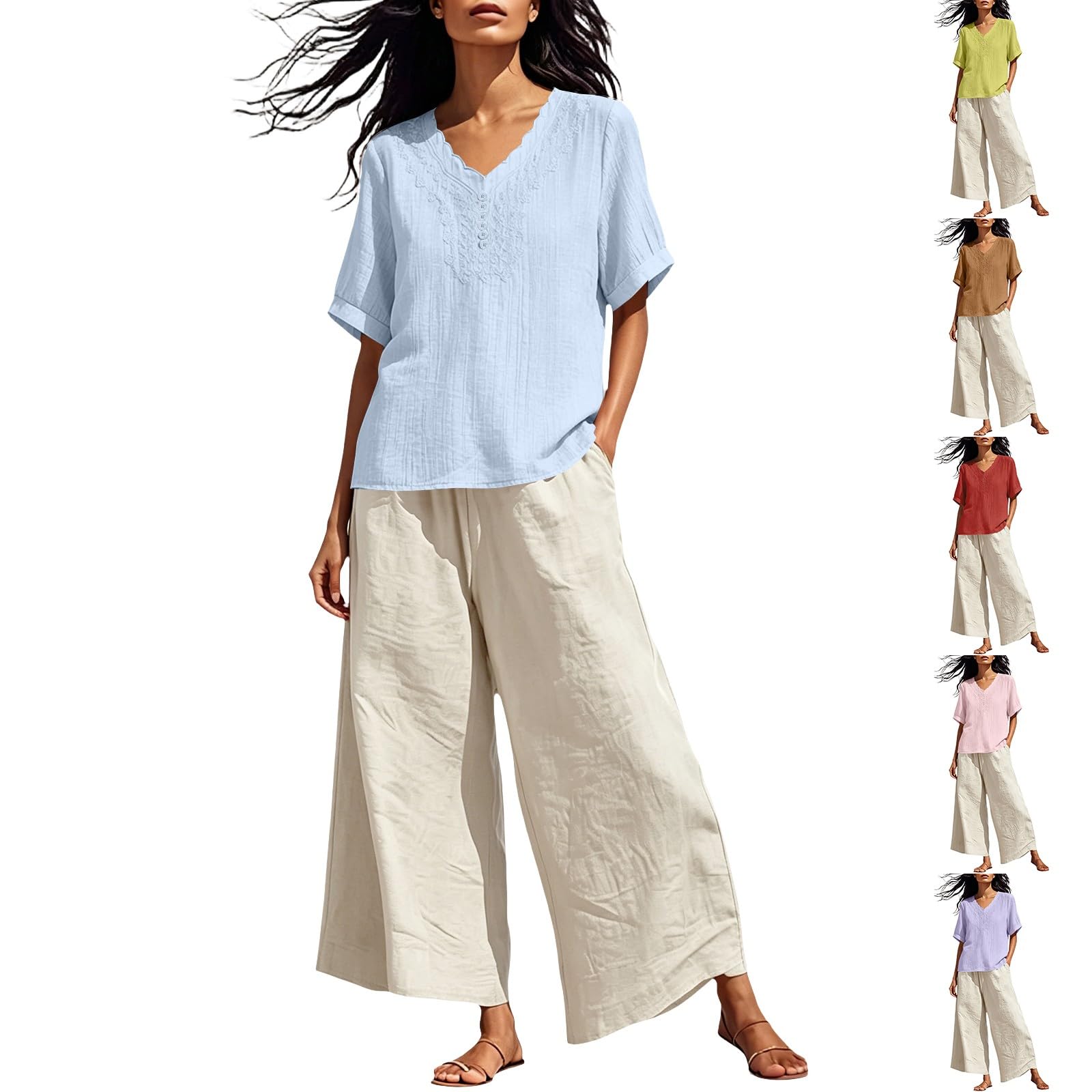 Survêtement en lin broderie ample style bohème chic avec poches - 7