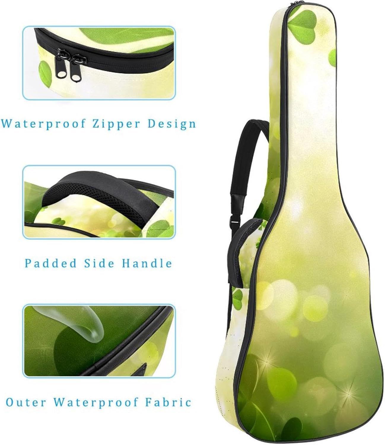 St. Patrick's Day Green Flying Shamrock Leave Acoustic Guitar Gig Bag, 1 cm Thick Padding Waterproof Guitar Bag Backpack for 40 41 42 Inch Electric Bass Classical Guitars