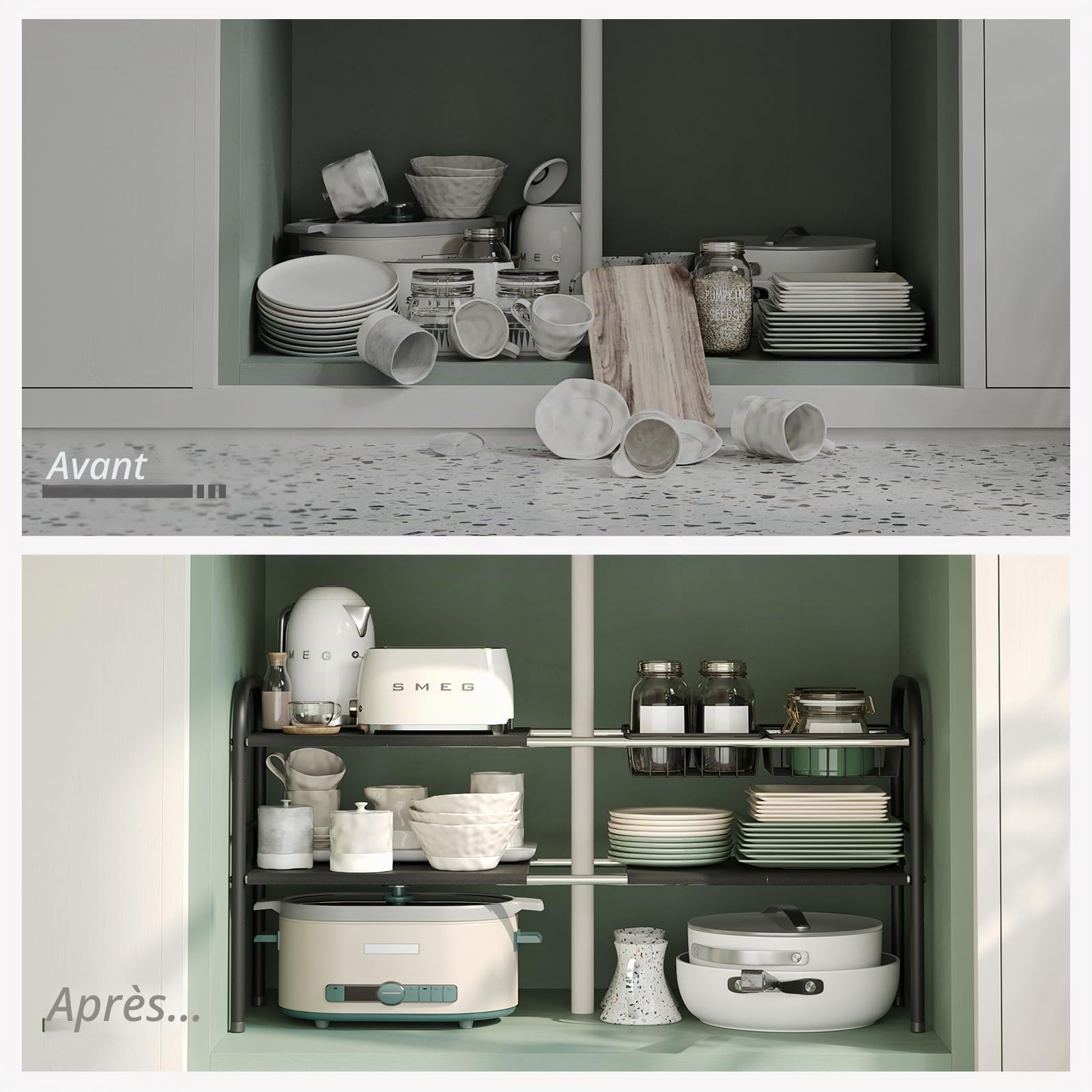 NETEL Organisateur de meuble d'évier, étagère de cuisine extensible avec 6 plaques mobiles et 2 paniers, largeur extensible (52,53-82 cm)