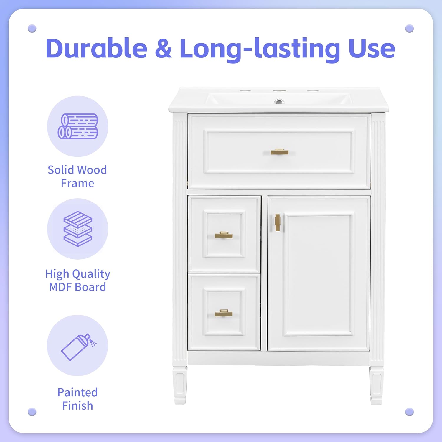 24 Inch White Bathroom Vanity with Ceramic Sink & Integrated Countertop,Modern Bathroom Vanity with 2 Left Side Drawers & Flip Drawer,Gold Handles,Adjustable Shelf & Door Oganizer,Solid Wood Frame