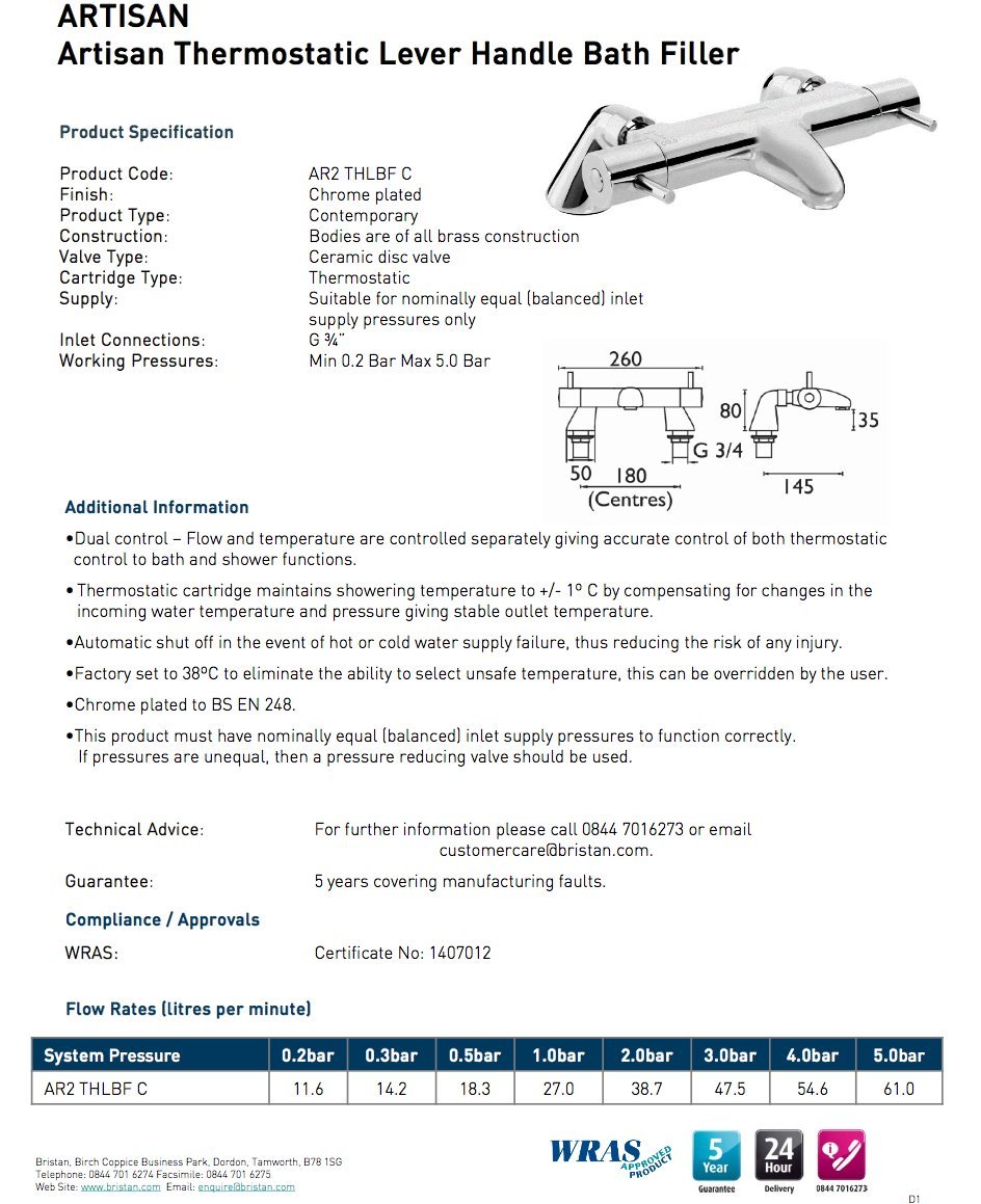 Bristan AR2 THLBF C Artisan long lever thermostatic bath mixer Tap, Silver - Image 3
