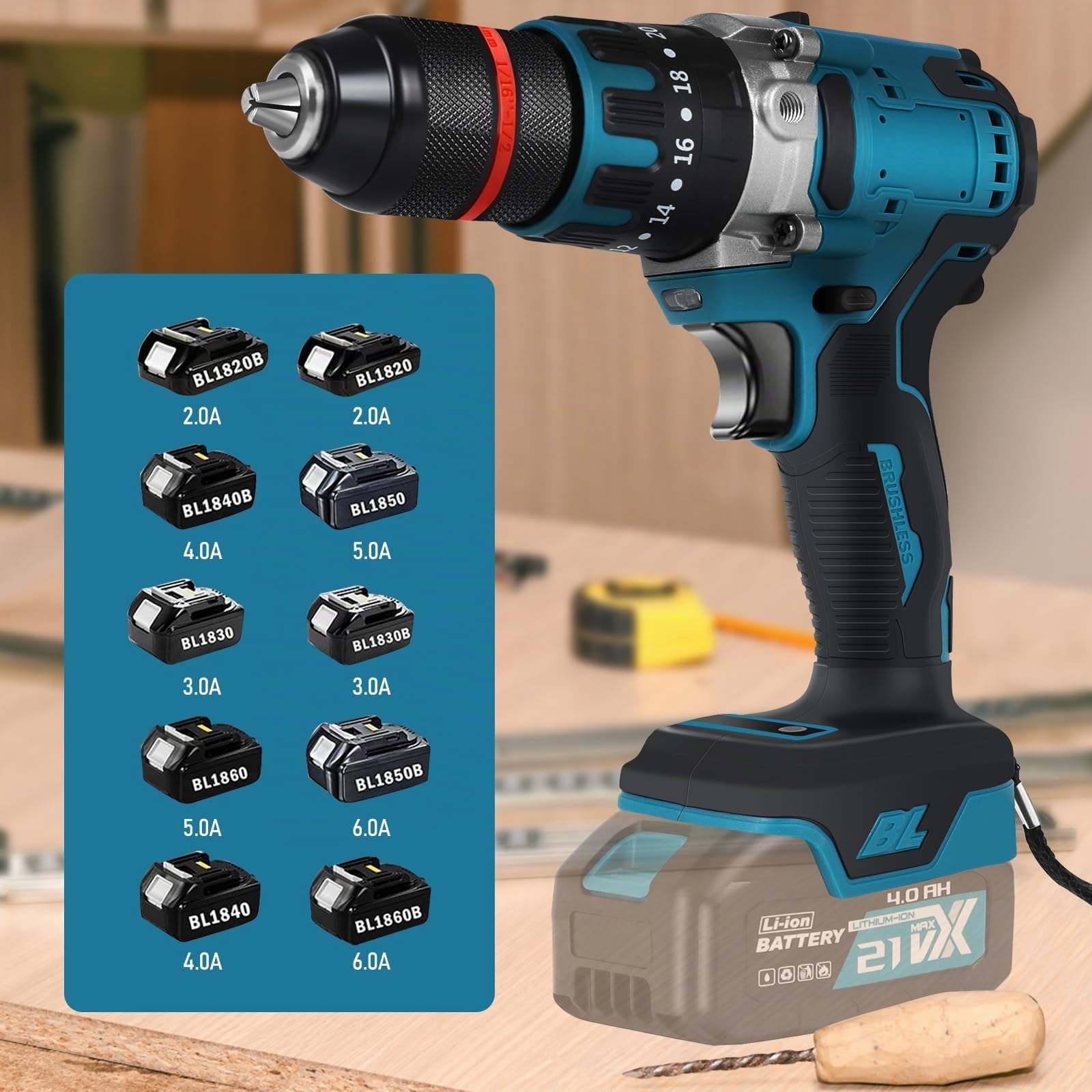 Taladro inalámbrico Compatible con Makita 18 V batería (sin batería), taladro de impacto sin escobillas 1350 RPM, 20+3, 120 N.m, 13 mm, destornillador