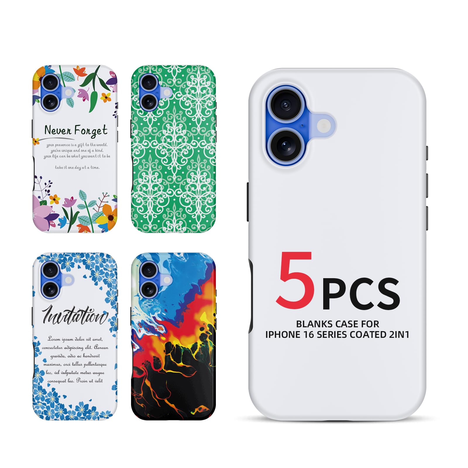 DUDUSUB 5pieces Sublimation Phone Cases for iPhone 16 Series Heat Transfer Phone Case Sublimation Blanks DIY Customizable Cover Coated 2in1 (Matte,