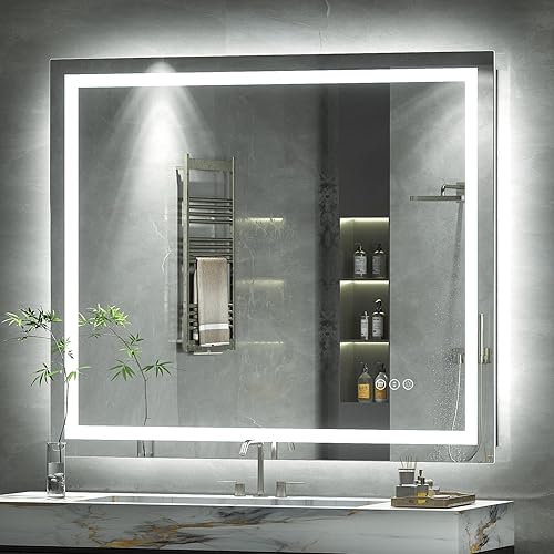 Miniatura 21 de Espejo de baño LED iluminado de 30 x 30 pulgadas para pared, espejo cuadrado de tocador con luces, regulable, antivaho, a prueba de roturas,