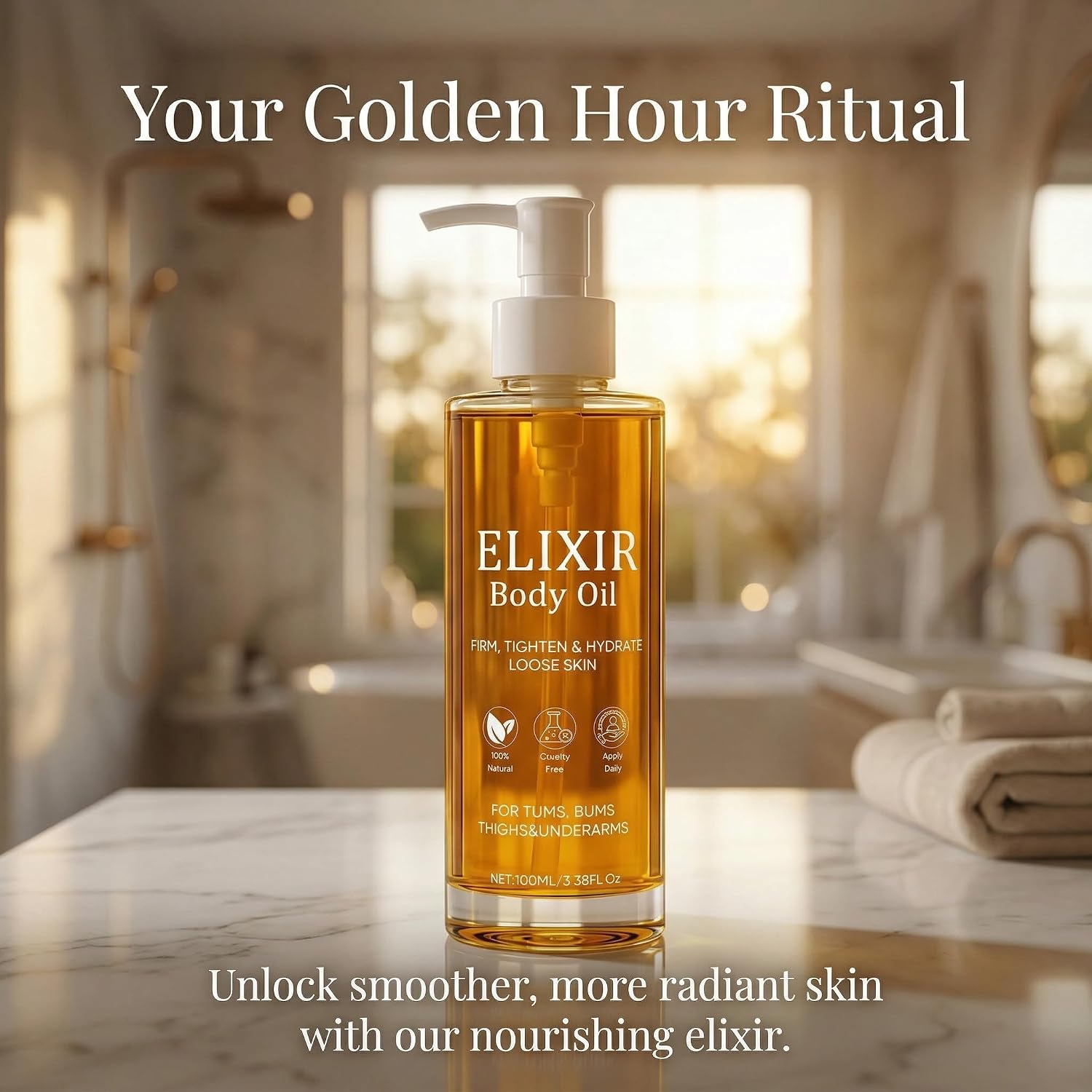 Aceite Corporal Original, Elixir Body Oil, 100% Natural Firming & Tightening, Deep Hydration with Organic Sweet Almond & Argan, Anti-Aging Body Moisturizer for Dry, Loose Skin – 3.4 Fl Oz