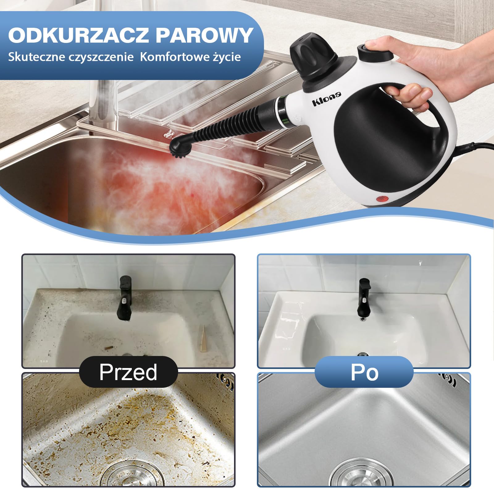 KLONA Ręczna myjka parowa do domu, wielofunkcyjna myjka parowa z 10 akcesoriami do dywanów, zasłon, sof, kuchni, łazienki i wielu innych.