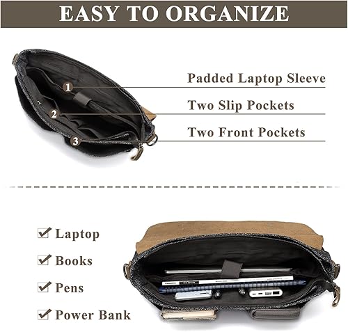Miniatura 2 de VASCHY Bolsa de mensajero para hombre, bolso de lona de tweed de cuero vintage de 15.6 pulgadas para laptop de negocios, bolsa de hombro cruzada con