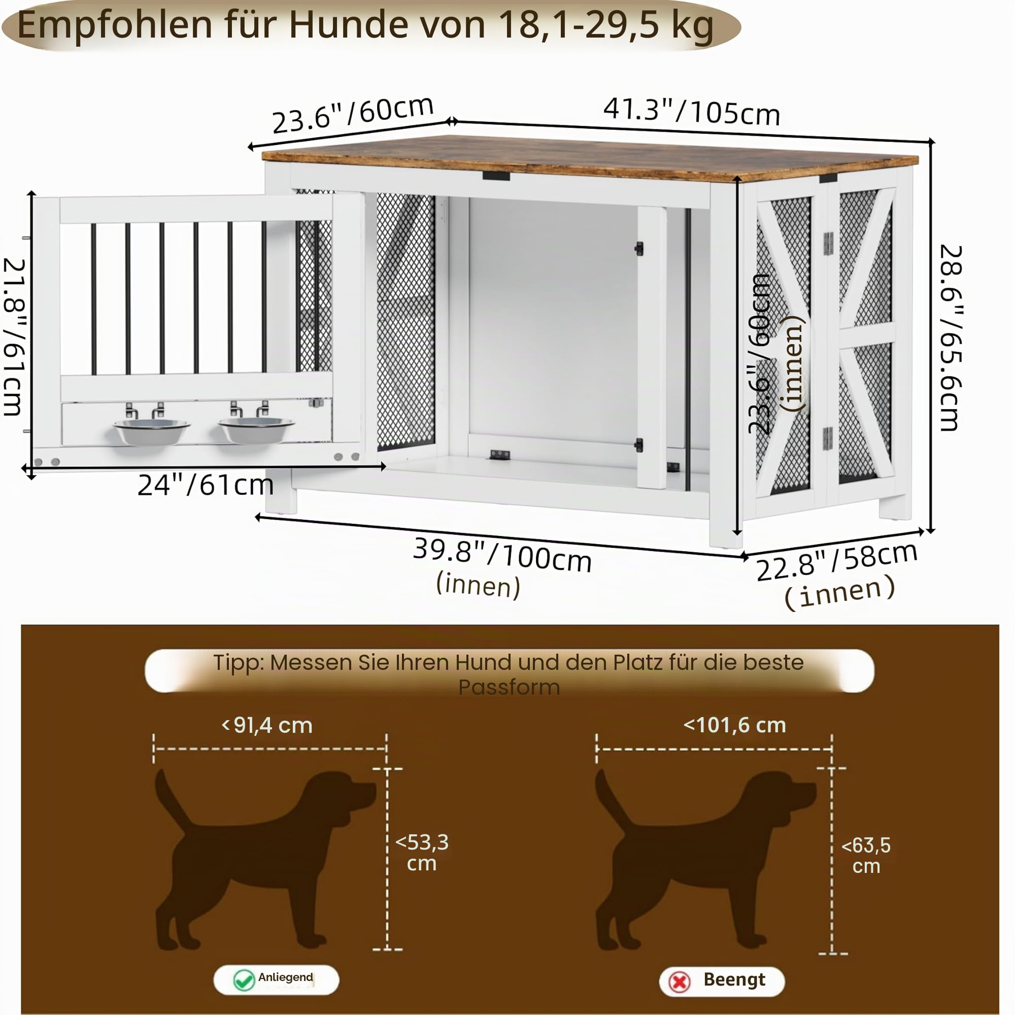 104,9 cm große Hundebox Möbel Faltbare Holzhütte für Hunde (15,9-27,2 kg) mit 2 Näpfen, Indoor Bauernhaus-Stil Beistelltisch