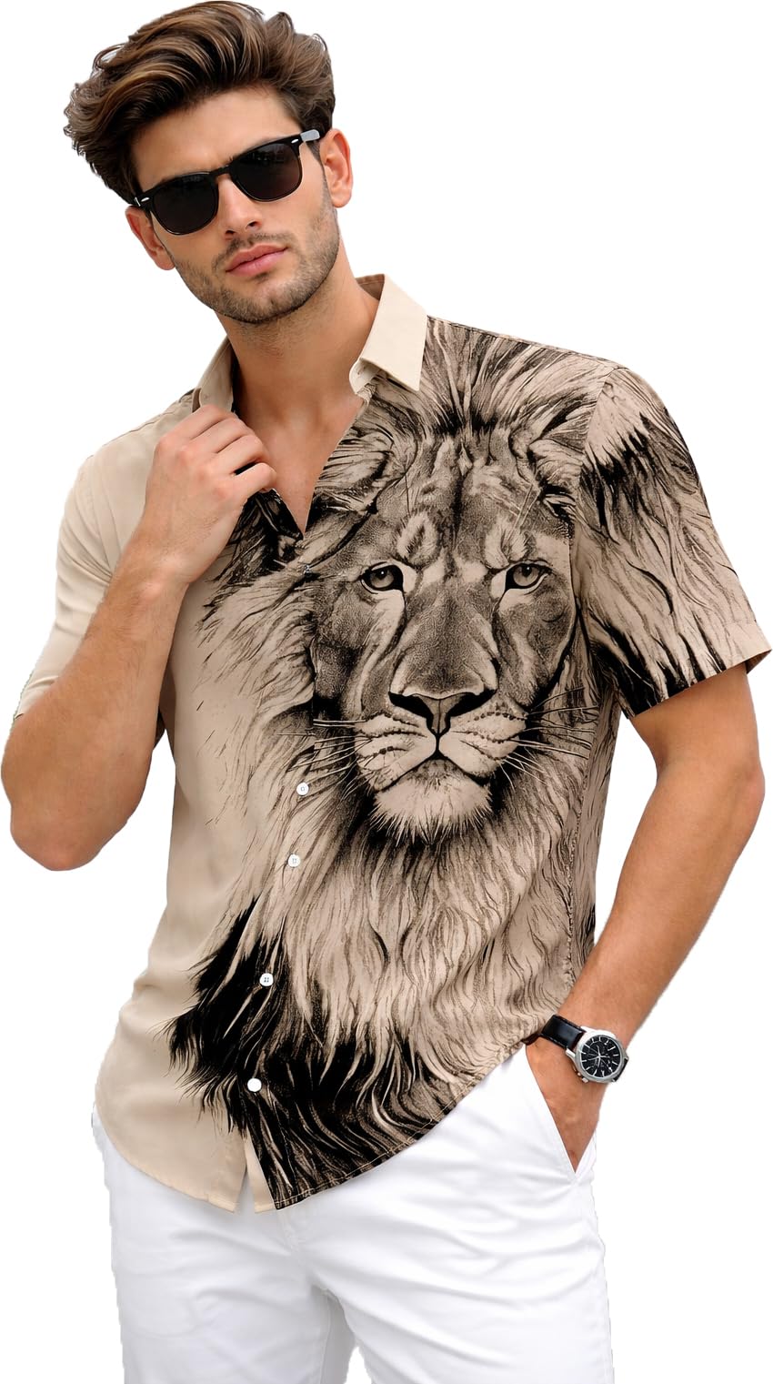 ngiva Men's Watercolor Lion Print Button-Down Shirt, Short Sleeve, Casual Summer Wear, White-picture-16