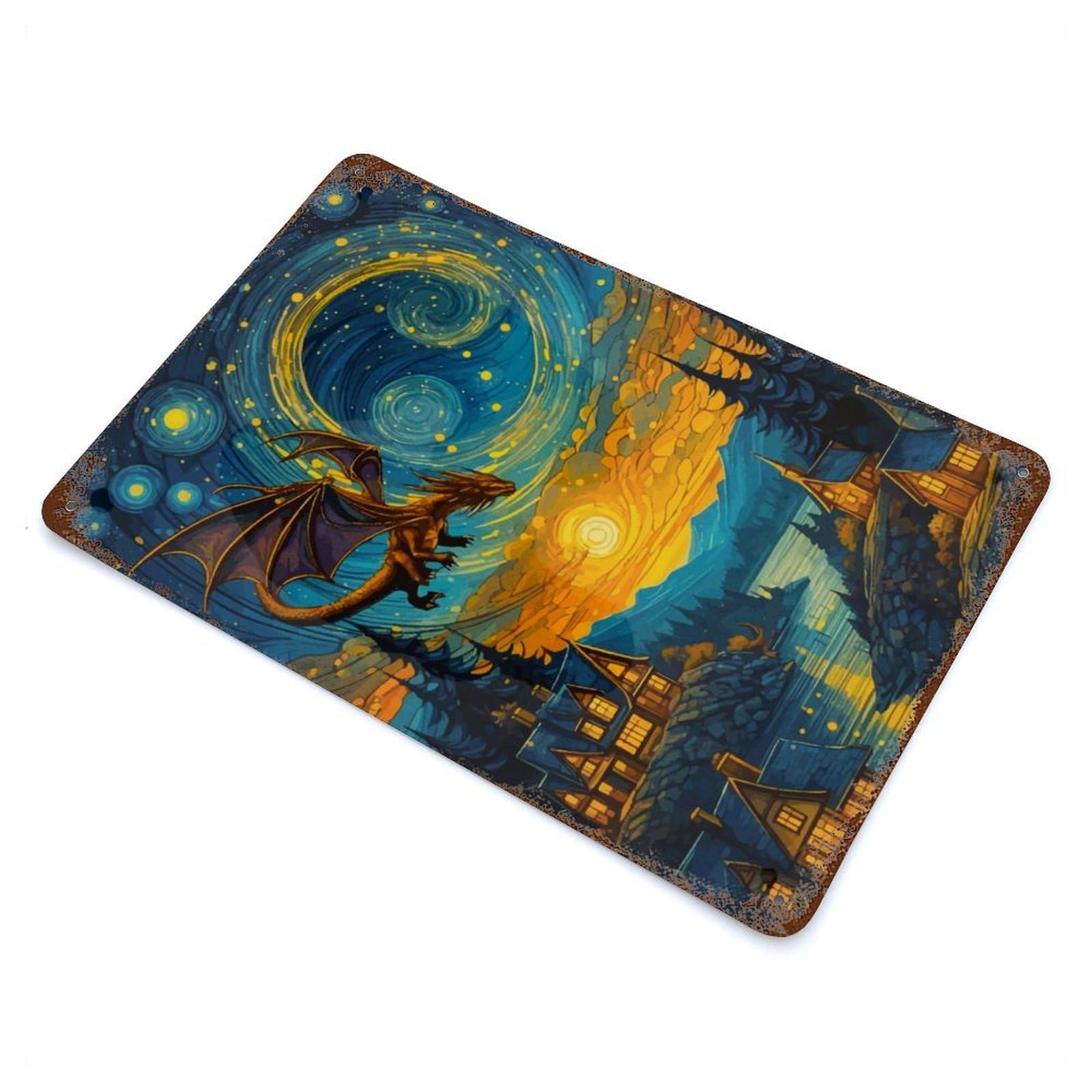 Garage Style Dragon in Starry Night Rust Effect Tin Sign 11.8"x7.9", Industrial Home Decor for Bar And Workshop