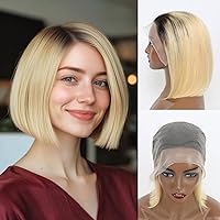 Vista 1 de Evala Peluca de cabello humano con encaje frontal de 13 x 4 pulgadas, 12 pulgadas, densidad del 180 %, rubio #T1B/613, pelucas de cabello estilo Bob