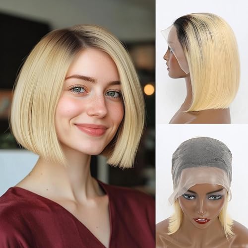 Evala Peluca de cabello humano con encaje frontal de 13 x 4 pulgadas, 12 pulgadas, densidad del 180 %, rubio #T1B613, pelucas de cabello estilo Bob