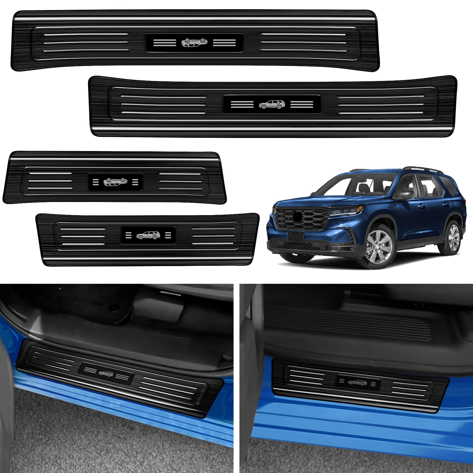 YOJOJOCO 4PCS Door Sill Protector for Honda Pilot 2025 2024 2023 Accessories Black Brushed Stainless Steel Front and Rear Door Car Pedal Kick Guards Protection