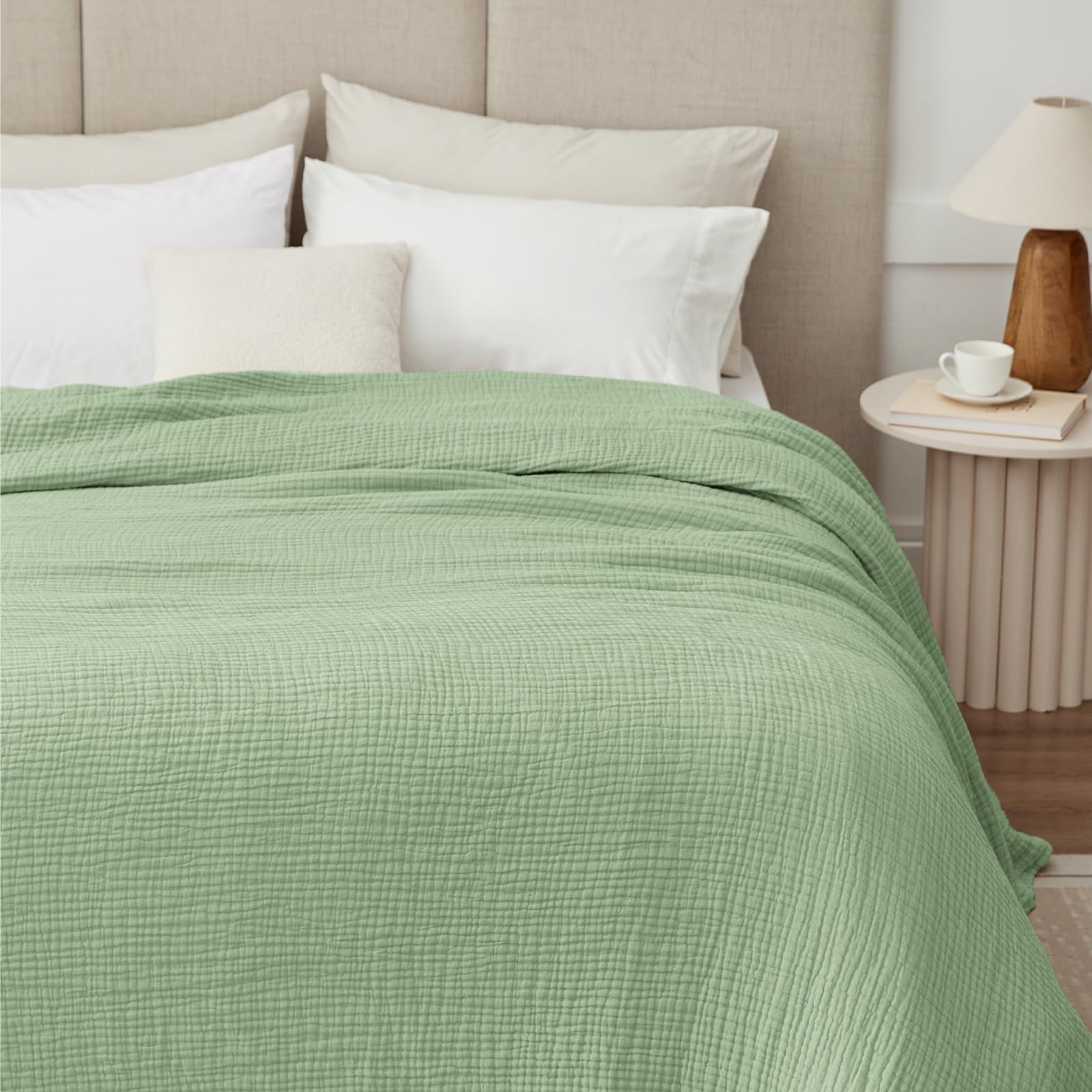 Kozyhvn 100% Cotton Muslin Blanket Twin XL 66" x 90", 6 Layers Cooling and Soft Twin Blankets for Bed, Lightweight Boho Coverlet Bedspread, Gauze Bedding for All Season, Sage Green โ image 1