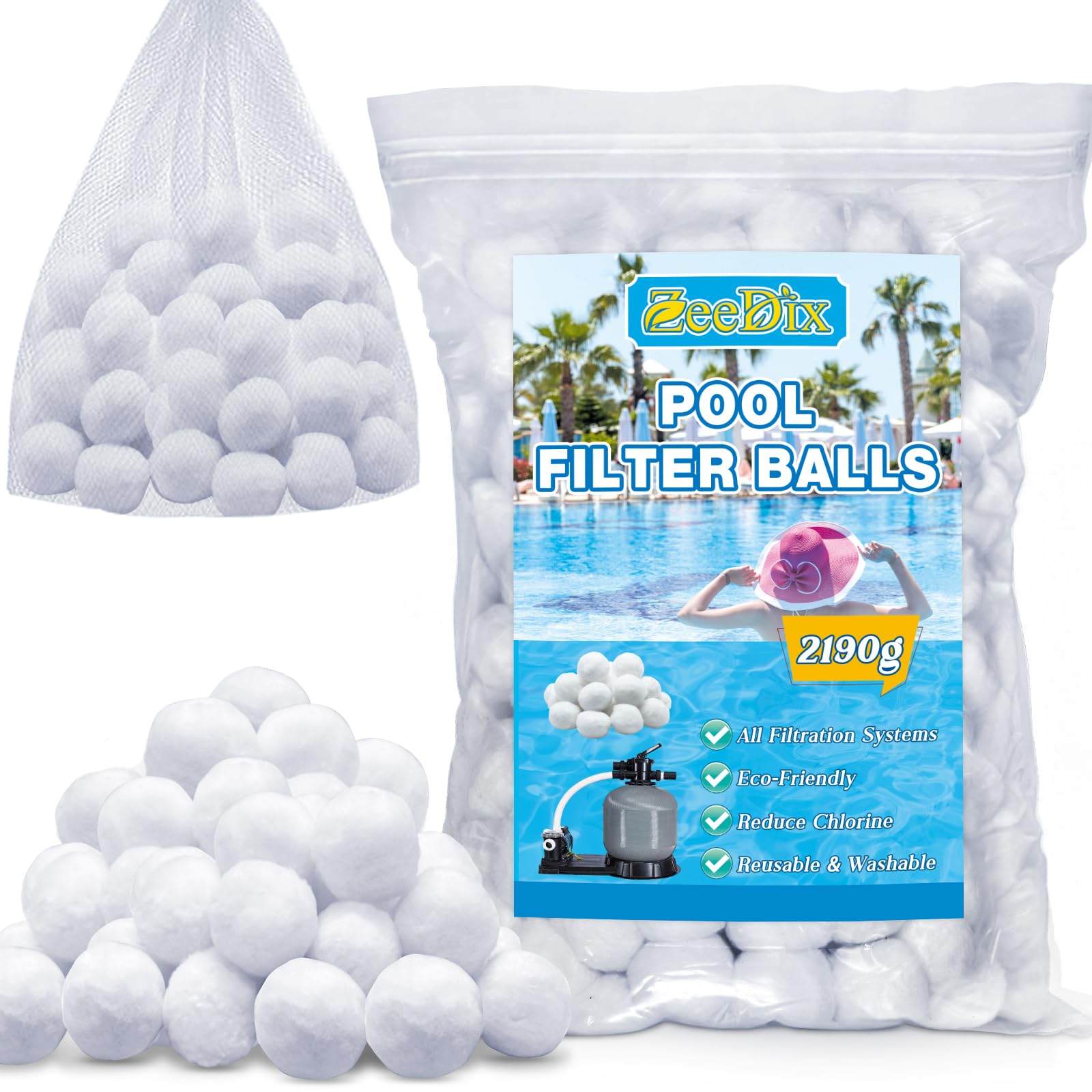 ZeeDix Balles filtrantes de piscine de 2190 g pour systèmes de filtration à sable, alternative efficace au sable filtrant (comme 25 kg de sable), balles en fibre réutilisables et respectueuses de