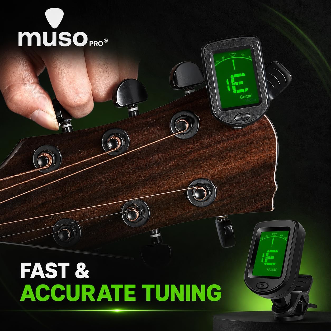 Guitar Tuner Clip On,10 Free Picks,Chromatic Tuner for Acoustic Electric Guitar, Bass, Violin, Ukulele, Banjo & Mandolin – Fast Accurate Headstock Instrument Tuner