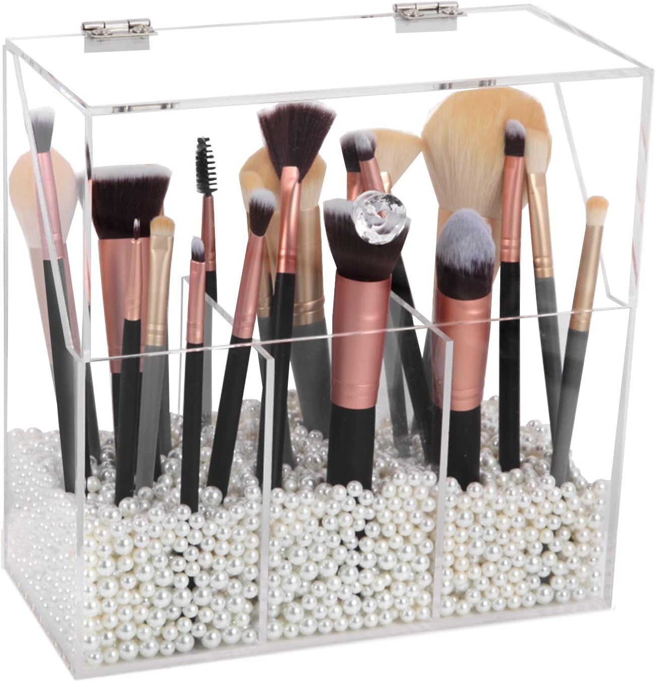 VevittsAcrylic Makeup Brush Holder, Clear Cosmetic Brush Storage Box 3 Brush Holders, Makeup Brush Case with Dust Cover, Large-Capacity Split Design for Organize the Vanity Desk (No pearl and brush)