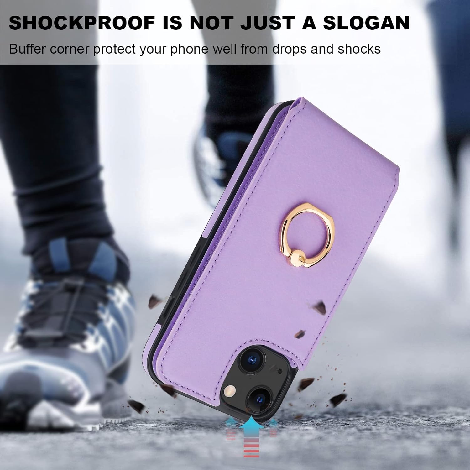 Folosu Compatible with iPhone 14 Case Wallet with Card Holder, 360°Rotation Finger Ring Holder Kickstand, RFID Blocking Leather Protective Double Buttons Shockproof Cover 6.1 Inch Purple