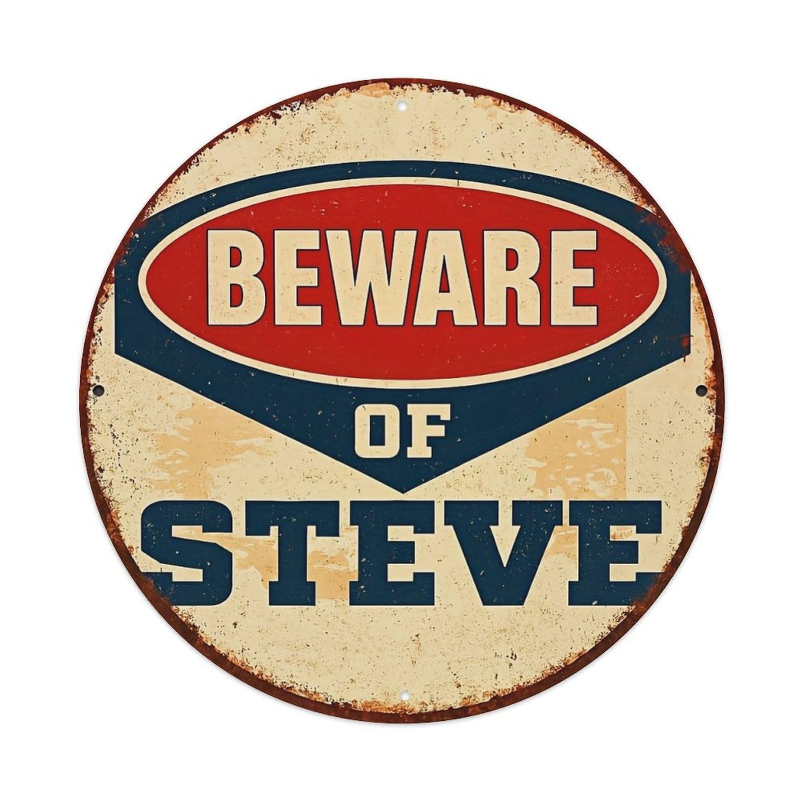 Beware Of Steve Sign Pattern Round Metal Tin Sign Vintage Wall Decor, Bar Garage Cafe Kitchen Home Wall Art Poster 8x8inches