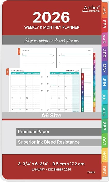2026 Planner Refills - Planner Refills 2026 from JAN 2026 to DEC 2026, Weekly and Monthly Calendar, 3.75 x 6.75 inch, 6 Holes, A6 Size - Red