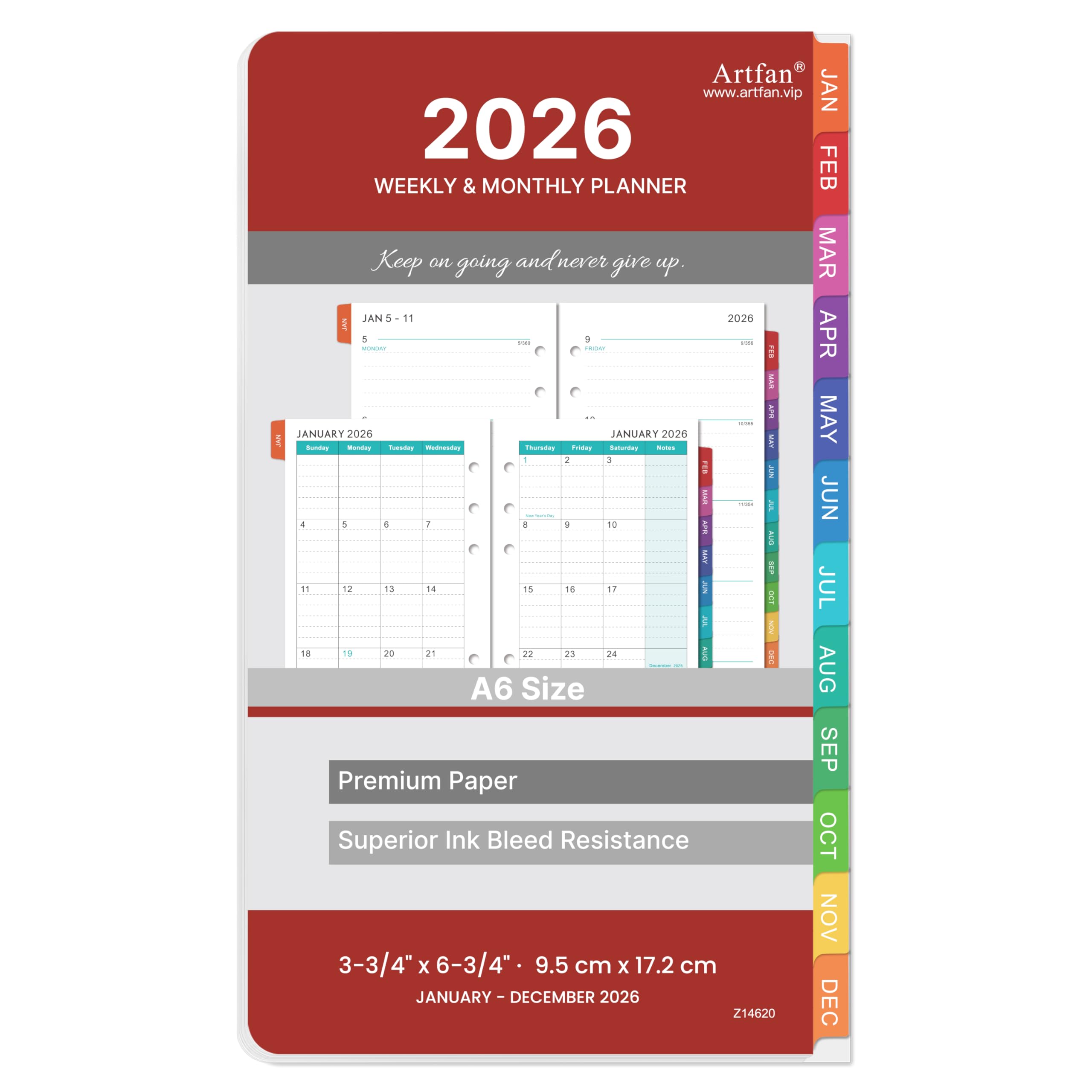 2026 Planner Refills - Planner Refills 2026 from JAN 2026 to DEC 2026, Weekly and Monthly Calendar, 3.75 x 6.75 inch, 6 Holes, A6 Size - Red