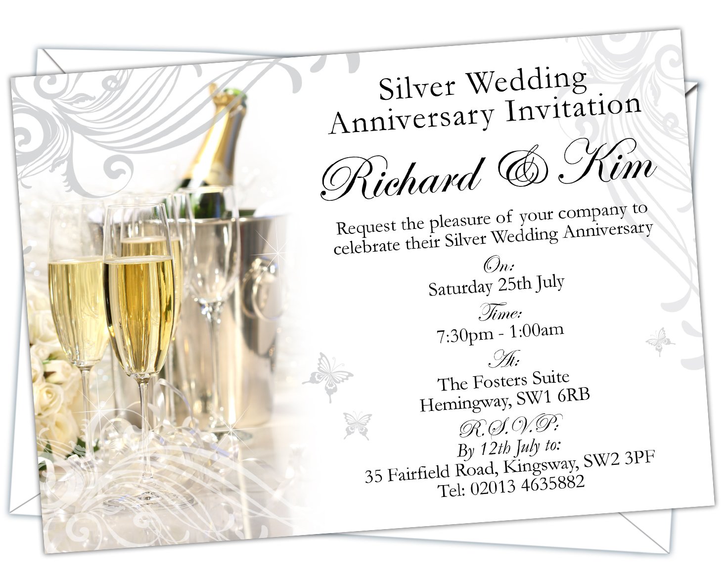 D&L Designs Ltd Silver Personalised Wedding 25Th Anniversary Invitations (Design Code: Swa 002) (Pack Of 12)