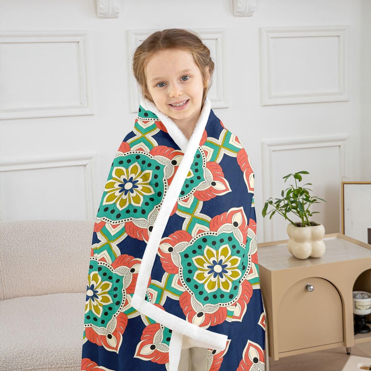 Homewish turkusowy boho kwiatowy puszysty pluszowy narzuta vintage mandala kwiaty polarowy koc hipisowskie kwiaty geometryczny patchwork szerpa koc - bohema plemienna etniczna estetyczna dekoracja