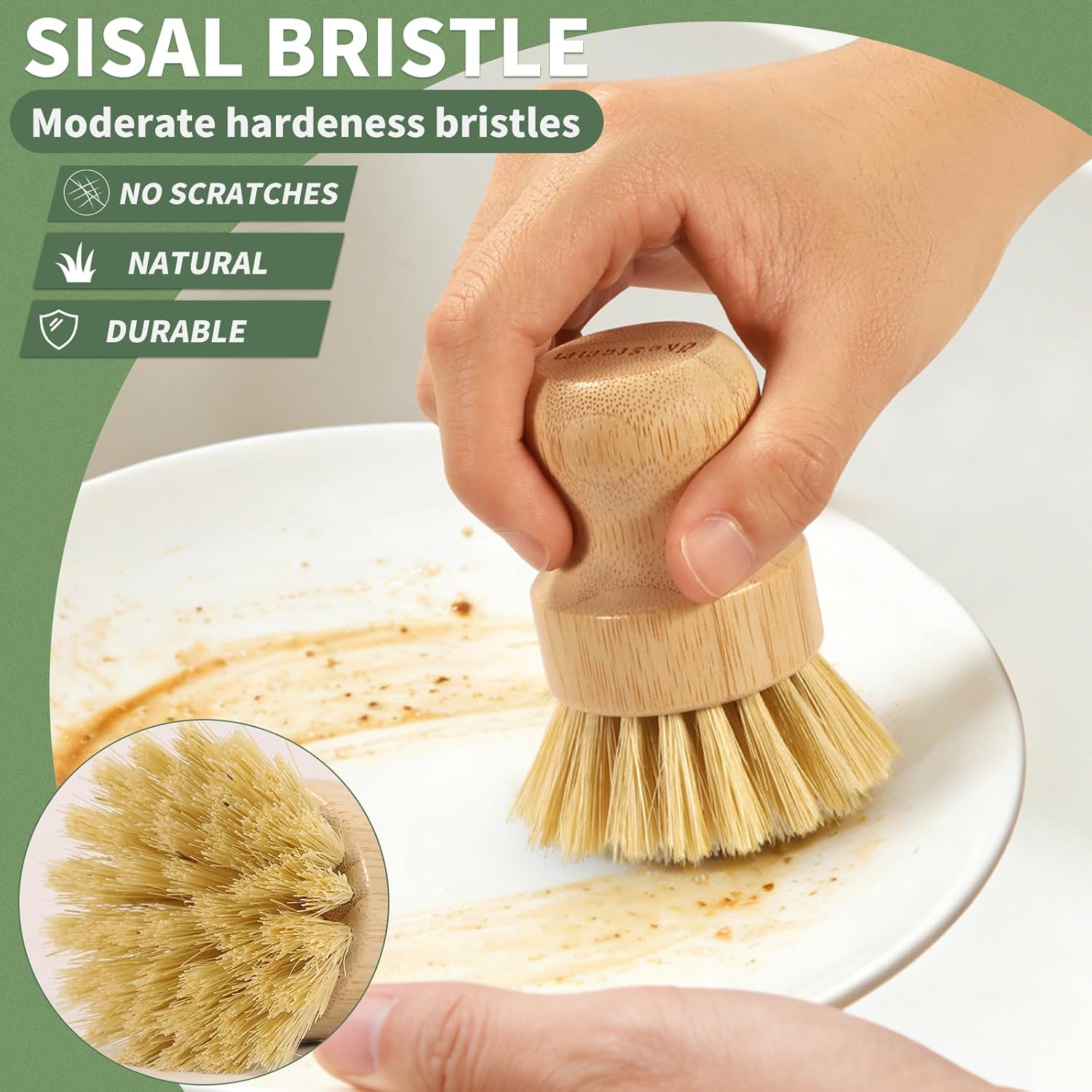 2 Pack Bamboo Dish Brush with Drain Holder - Natural Scrub Brush for Dish with Sisal Bristle, Wooden Dish Scrubber for Kitchen Cleaning Dishes, Pots, Pans and Vegetables