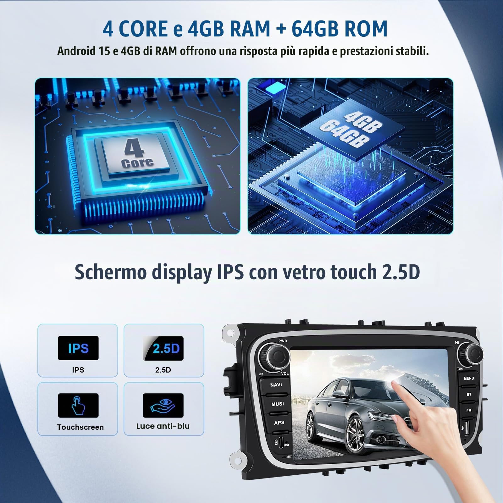 SIXWIN 4+64G Android 15 Autoradio per Ford Focus II Galaxy II Mondeo 9 S-MAX C-MAX con Wireless Carplay/Android Auto/Mirrorlink, 7'' Touchscreen Schermo con WiFi GPS FM/RDS Bluetooth5.0+32EQ(Nero)