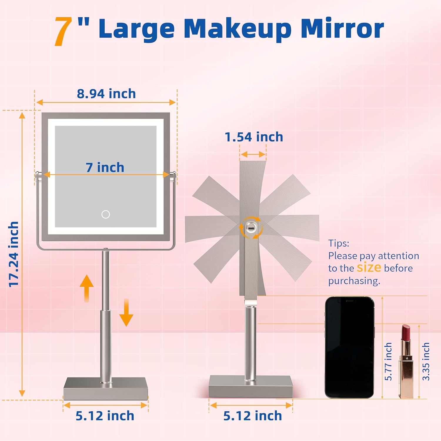 Ruacq Makeup Mirror with Lights, 4000mAh Rechargeable Magnifying Mirror with Light, 1X/10X, Height Adjustable Bathroom Vanity Mirror, 3 Colors, Adjustable Brightness (Brushed Nickel)