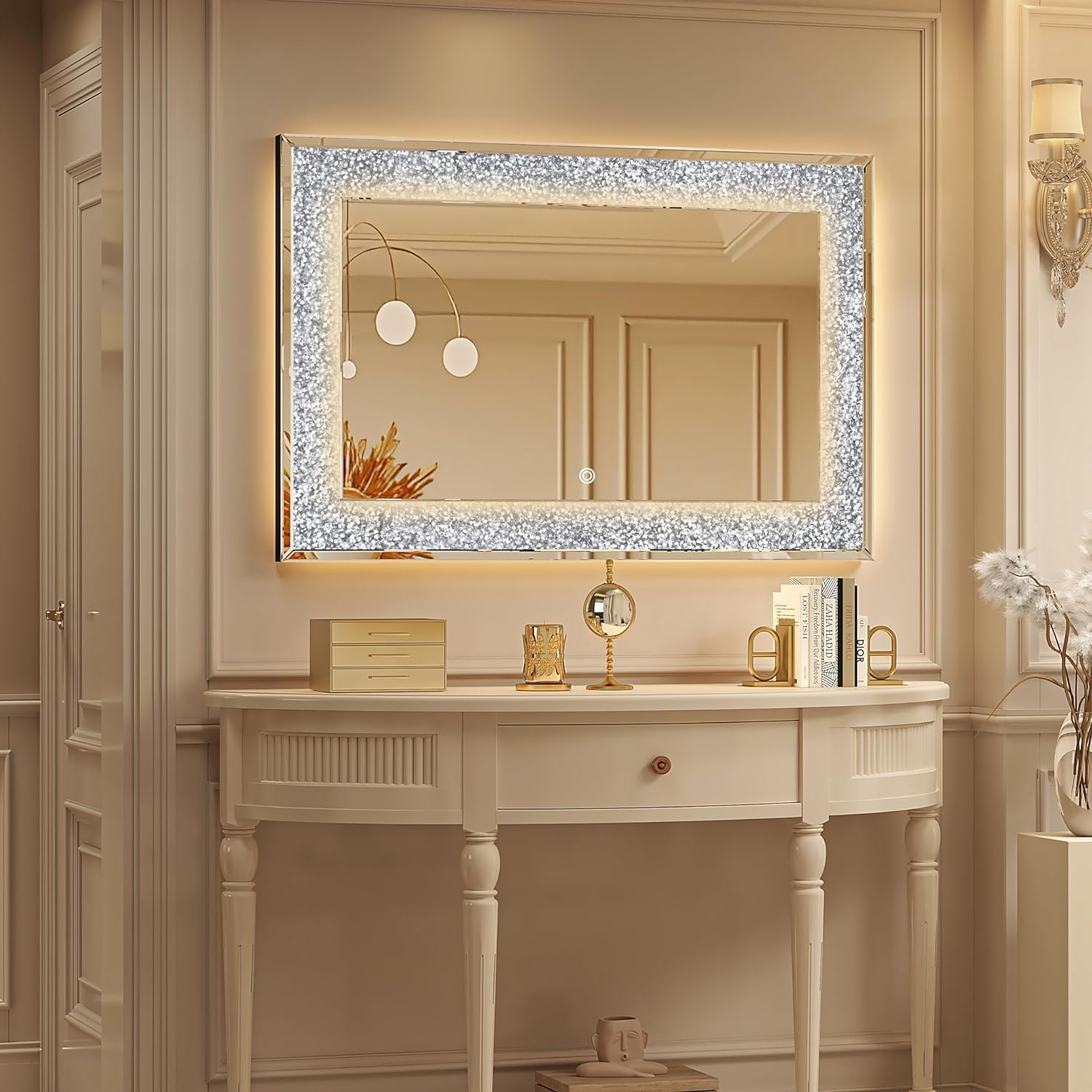 Wall Mirror with Lights, 24 Inch, 3 Colour Smart Memory, Adjustable Brightness, Frontlit Diamond Crystal, Wall Mounted Lighted Vanity Mirror for Bathroom Makeup-image-7