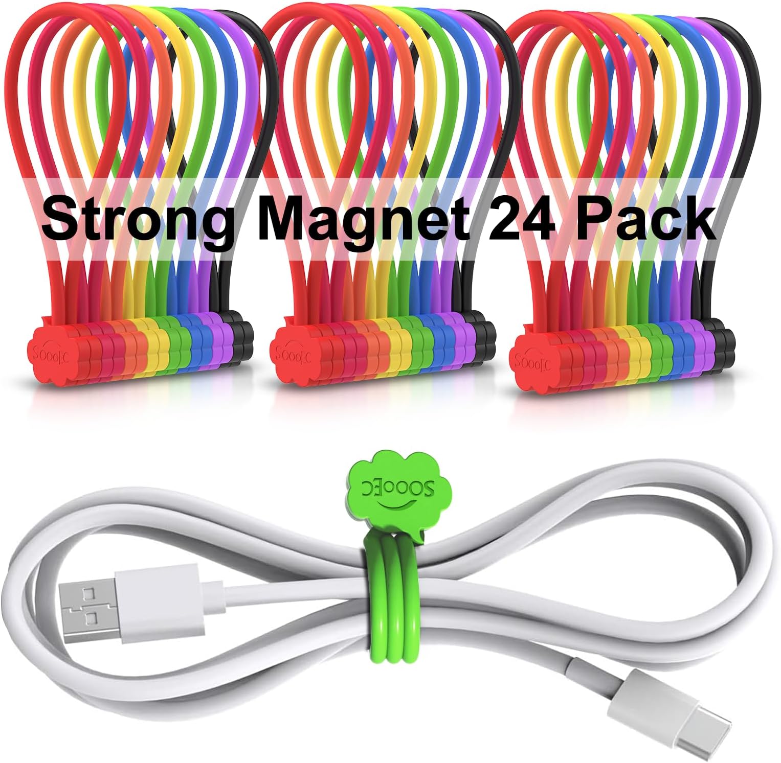 SOOOEC Magnetic Cable Ties, 24 Pack 7.2" Strong Snap on Magnetic Twist Ties Cute Cloud Dialogue Design, Silicone Twist Tie with Magnet Reusable 8 Assorted Colors X3